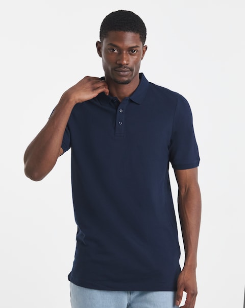 Pure Cotton Navy Pique Polo Extra Long Length- Navy