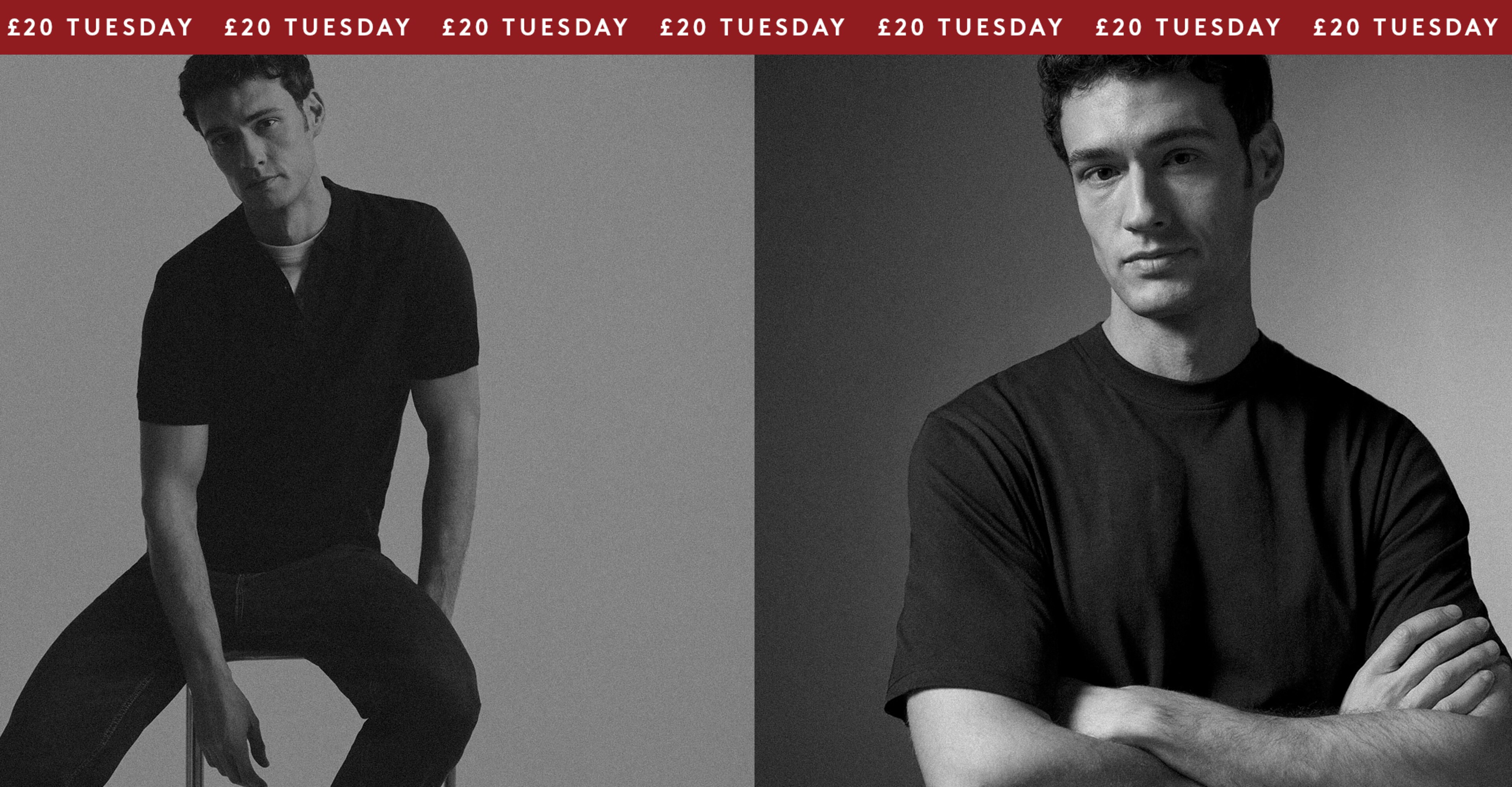 £20 Tuesday. Models wear Relaxed Fit T-Shirt Long plus Grandad T-Shirt- Navy.