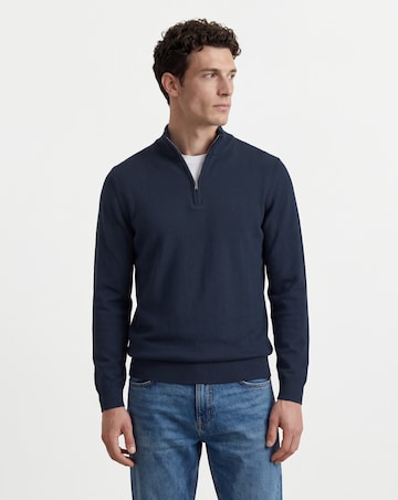 Dark Navy Cotton 1/4 Zip Funnel Knit Top