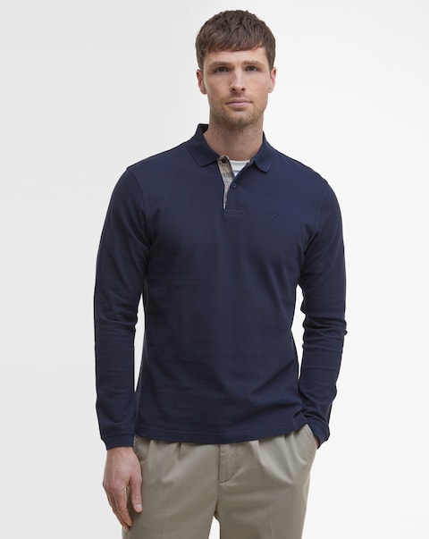 Barbour Long Sleeve Tartan Trim Pique Polo Shirt - Navy