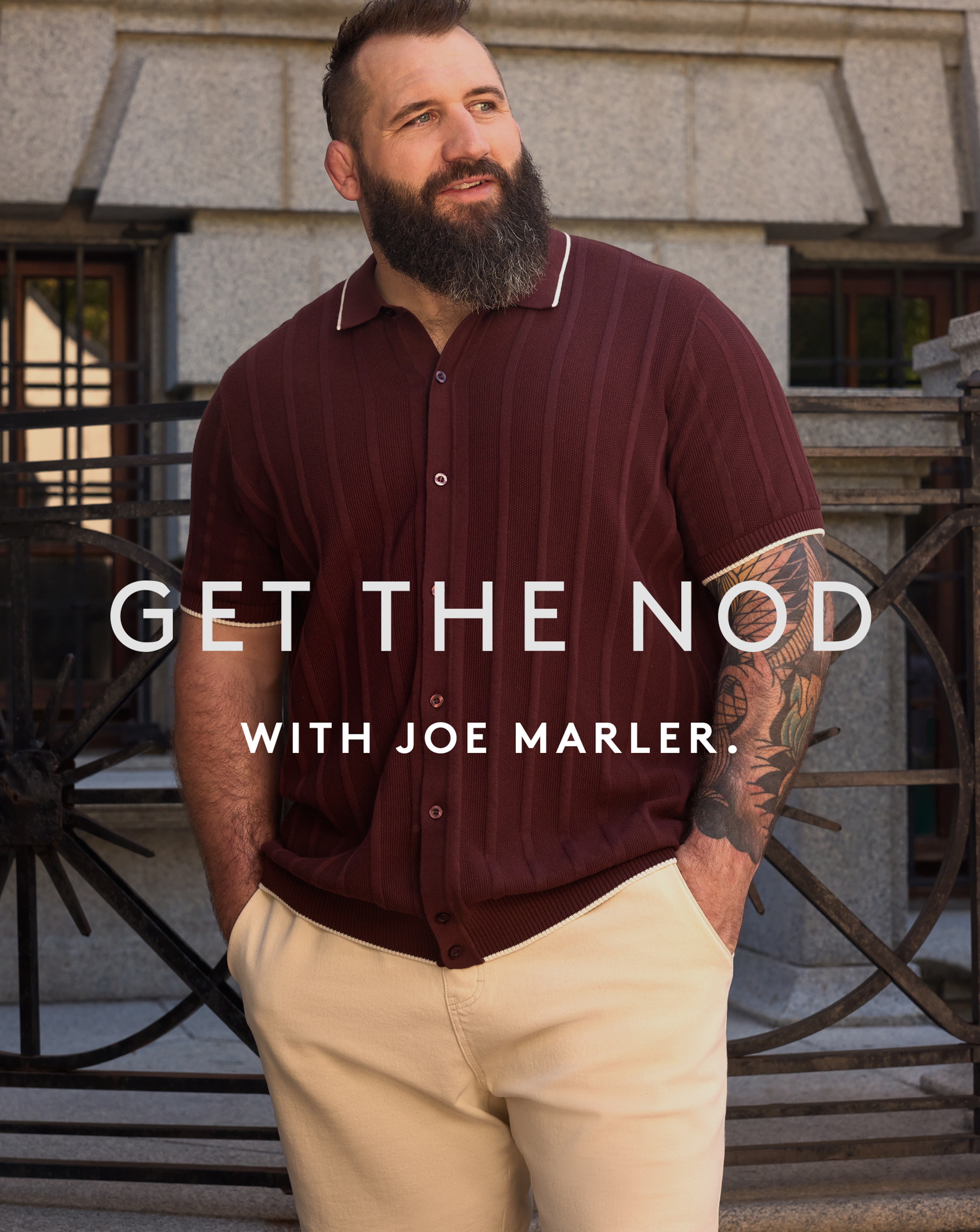 Joe Marler is wearing a burgandy button through texture knitted polo top with a pair of cream shorts.