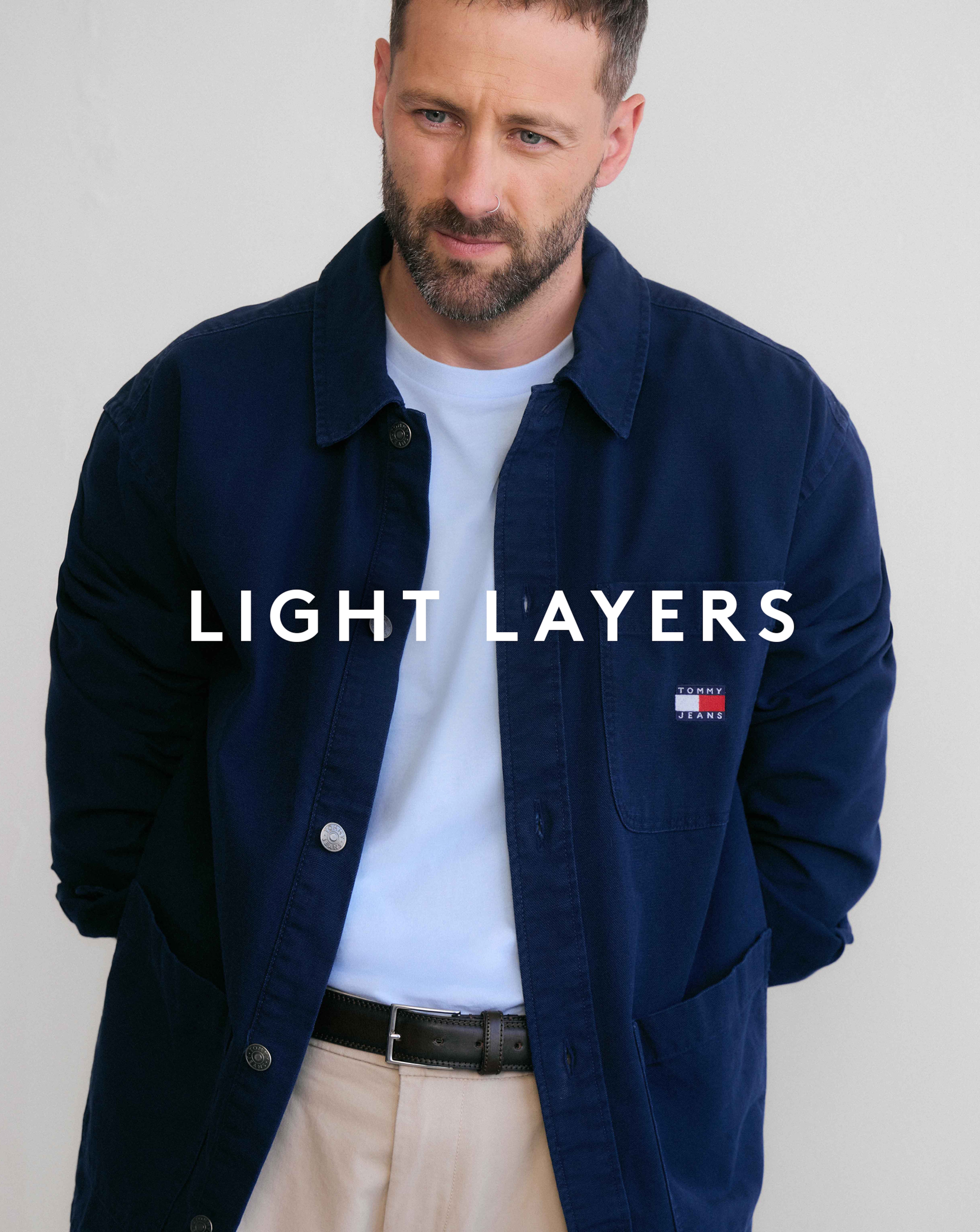 Thomas M Lloyd wears Tommy Jeans Essential Overshirt - Navy