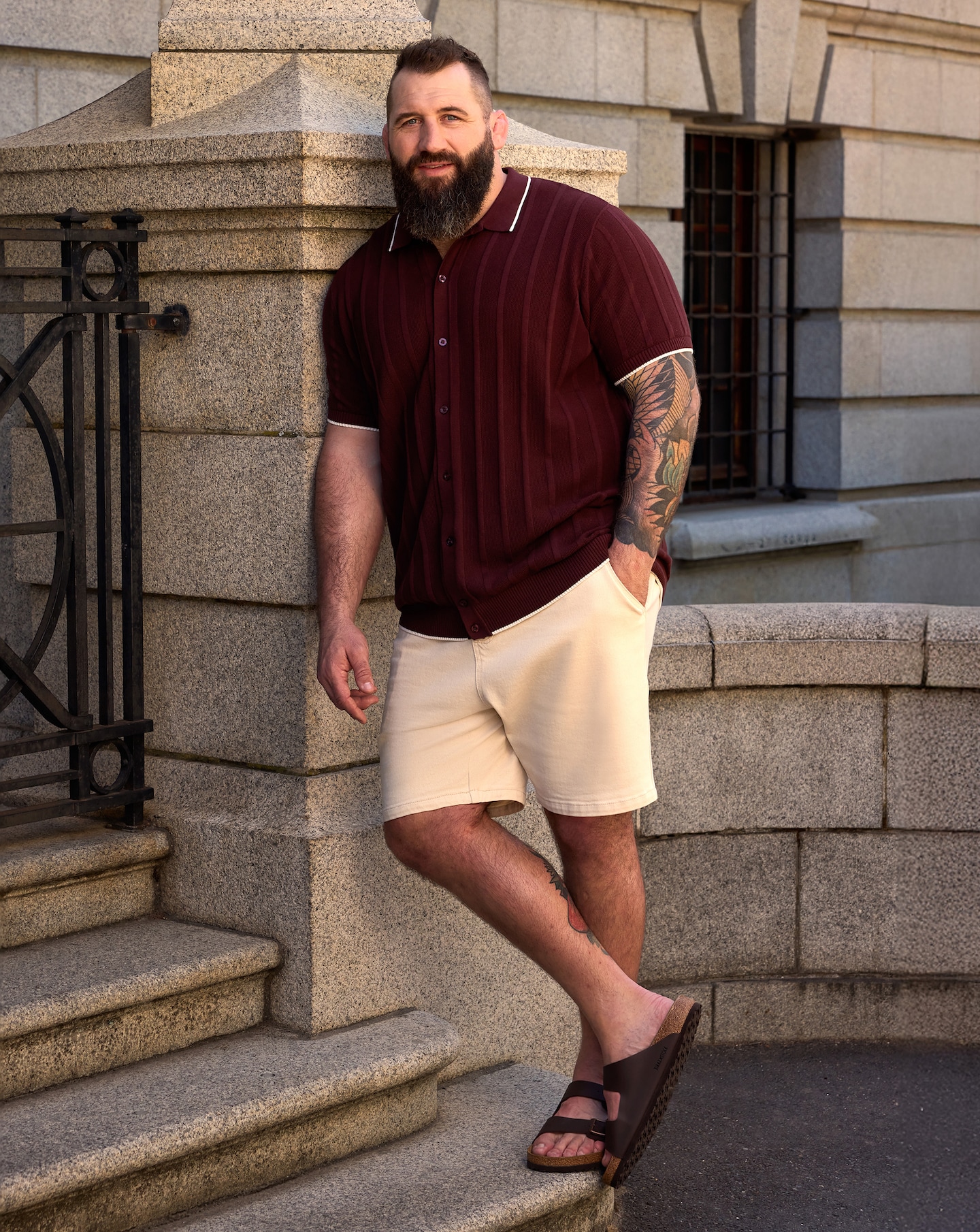 Joe Marler wears Button Through Texture Knitted Polo with Fully Elasticated Waist Dock Shorts and Birkenstock Bilbao Mule Sandal