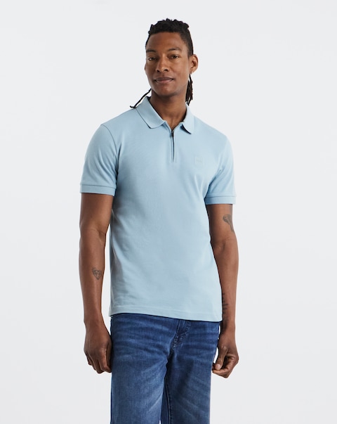 BOSS Short Sleeve Slim Fit Zip Neck Polo - Light Blue