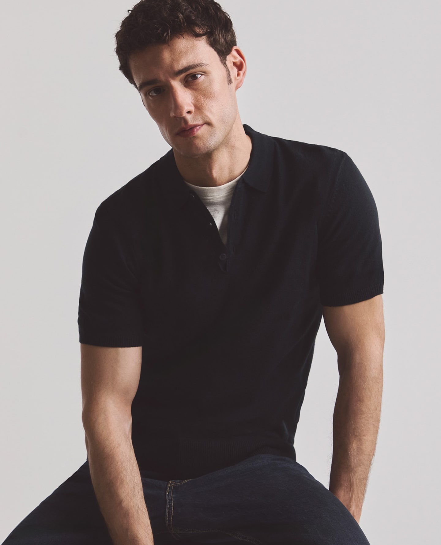 Model wears smart Pure Cotton Grandad T-Shirt- Black with white tee