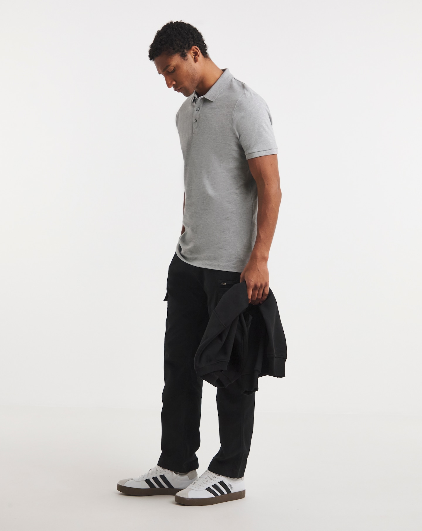 Pure Cotton Marl Pique Polo Long Length- Charcoal | Jacamo