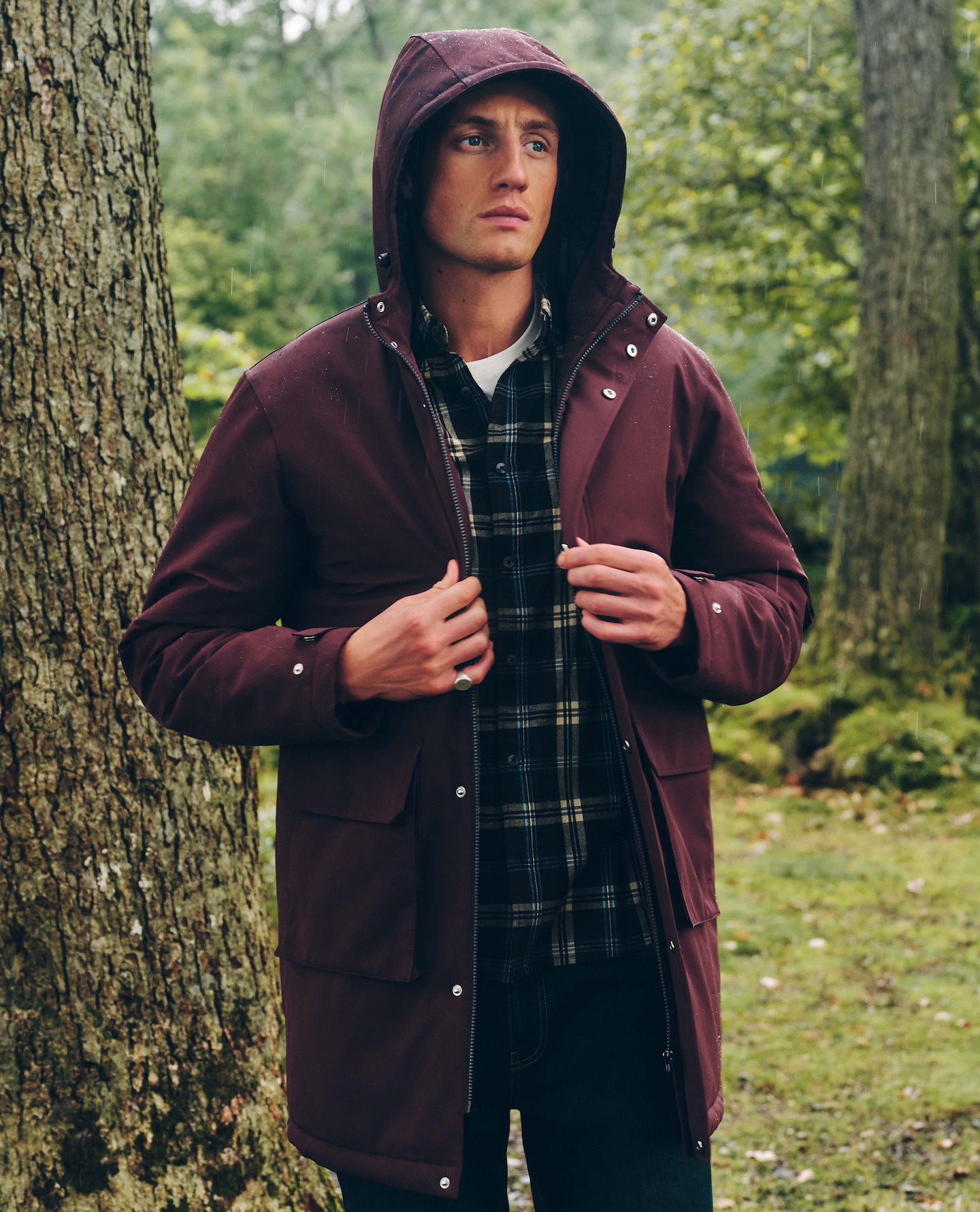 Model wears Burgundy Mid Length Jacket