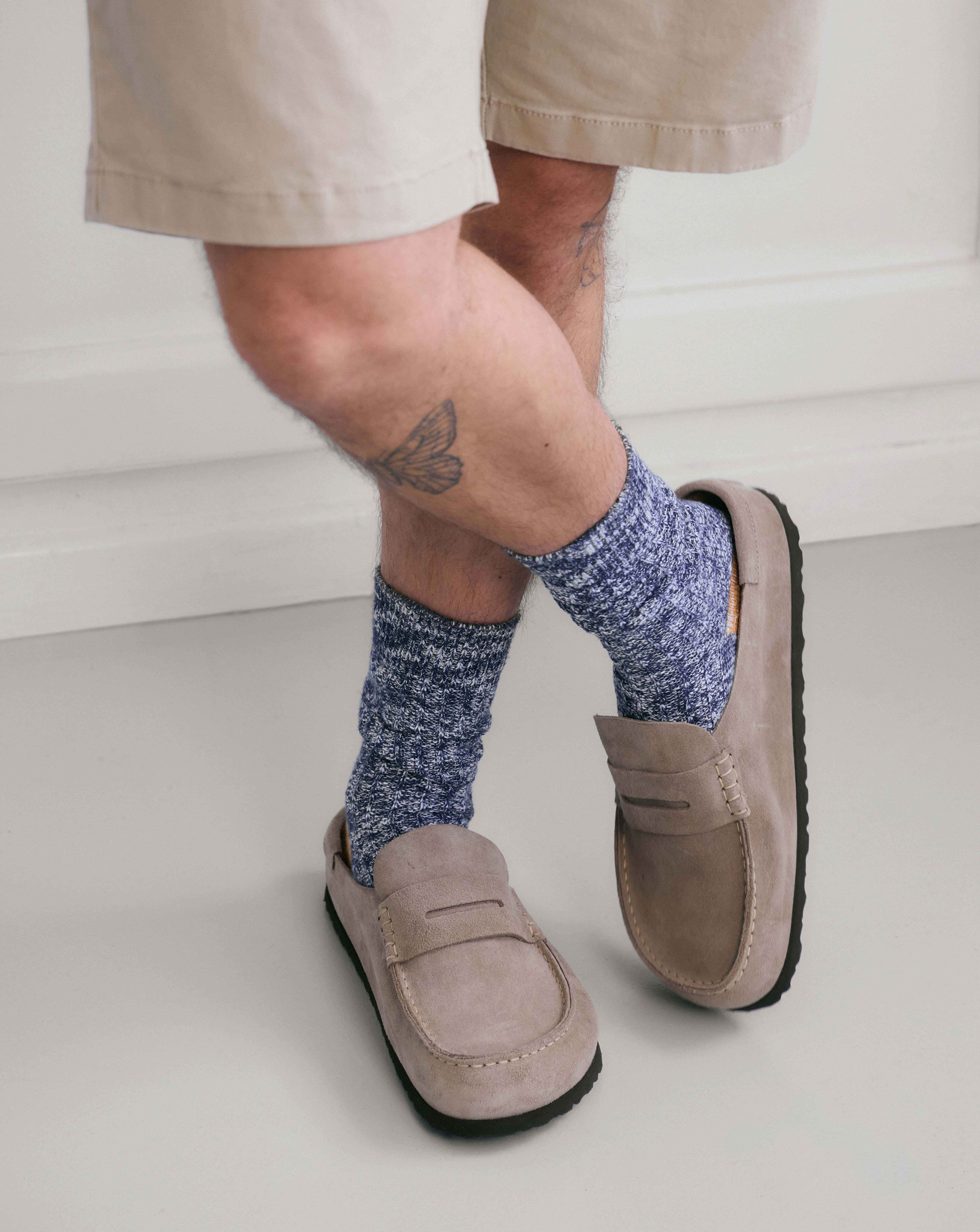 Model wears Birkenstock Classic Suede Naples Wrapped Loafer - Concrete Grey