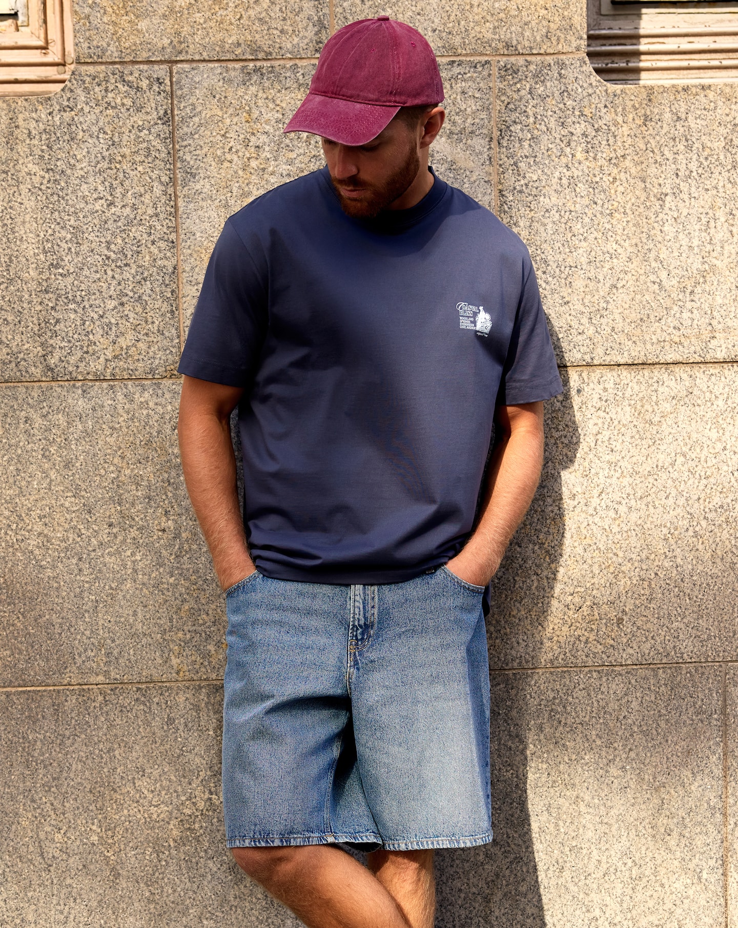 Model wears Jack & Jones Tony Original Denim Short - Blue with Navy Graphic Tee 