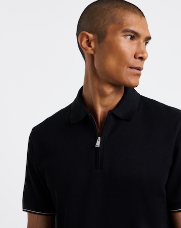BOSS Short Sleeve Structure Zip Neck Polo - Black