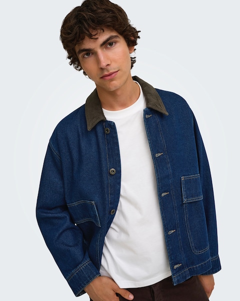 Only & Sons Kaizen Rinse Cord Collar Denim Jacket - Dark Blue Denim