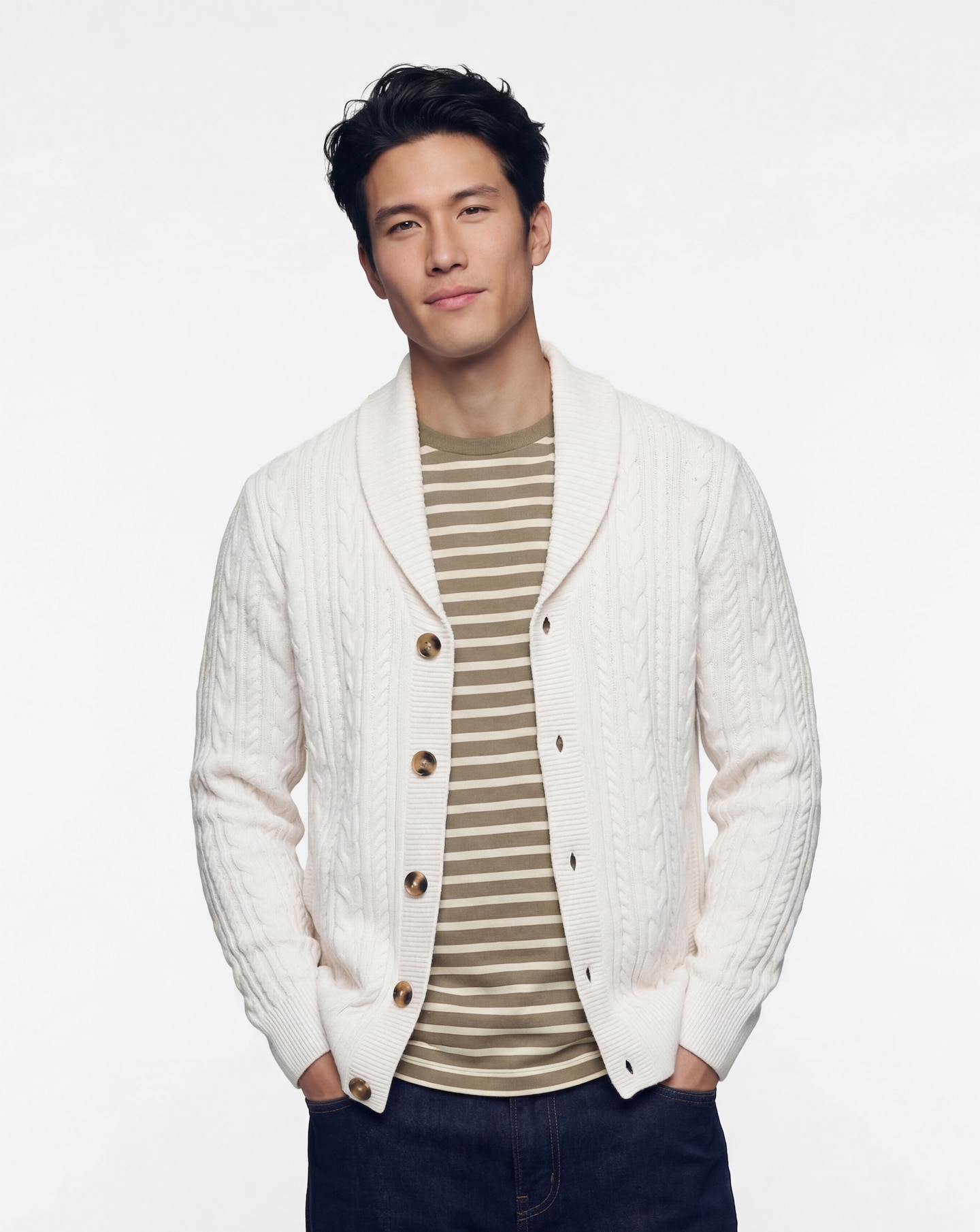 Ecru Cable Knit Shawl Neck Cardigan | Jacamo