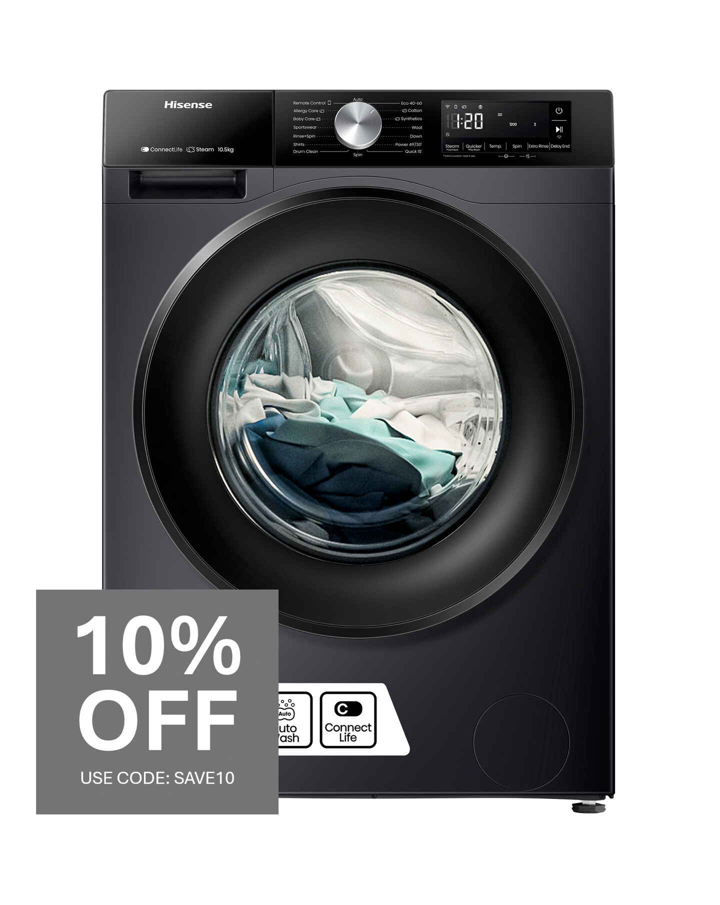 Hisense 3S Series WF3S1043BB3 WiFi-enabled 10kg 1400 Spin Washing Machine - Blac