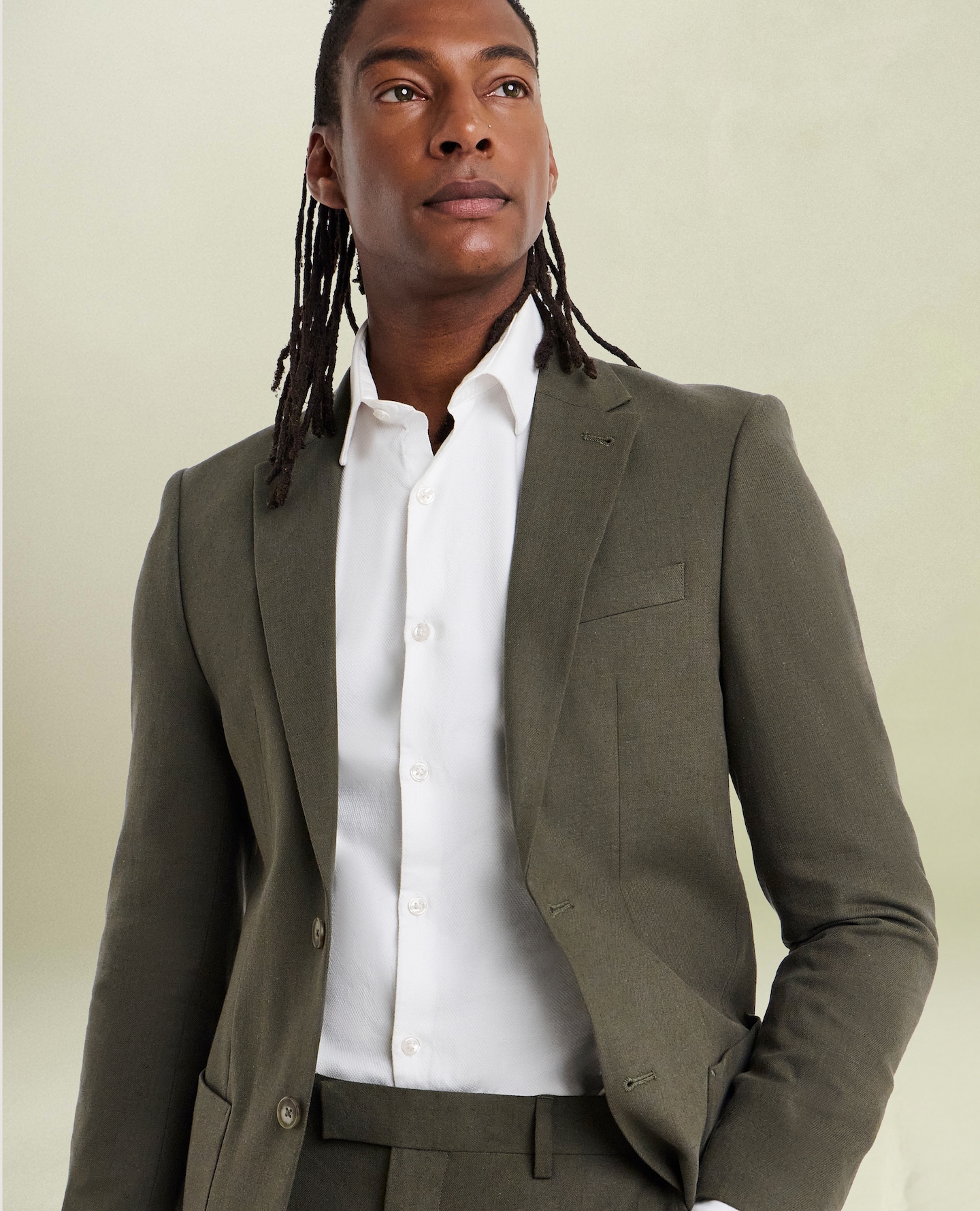 Model wears Linen Blend Blazer in Khaki