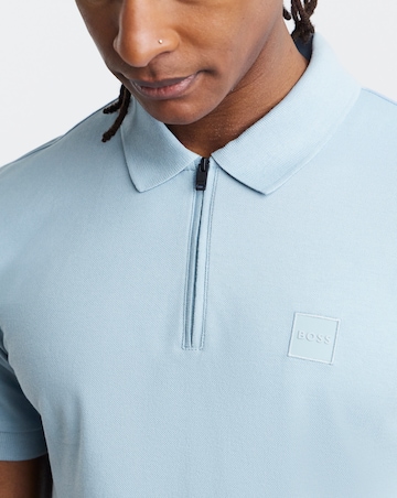 BOSS Short Sleeve Slim Fit Zip Neck Polo - Light Blue