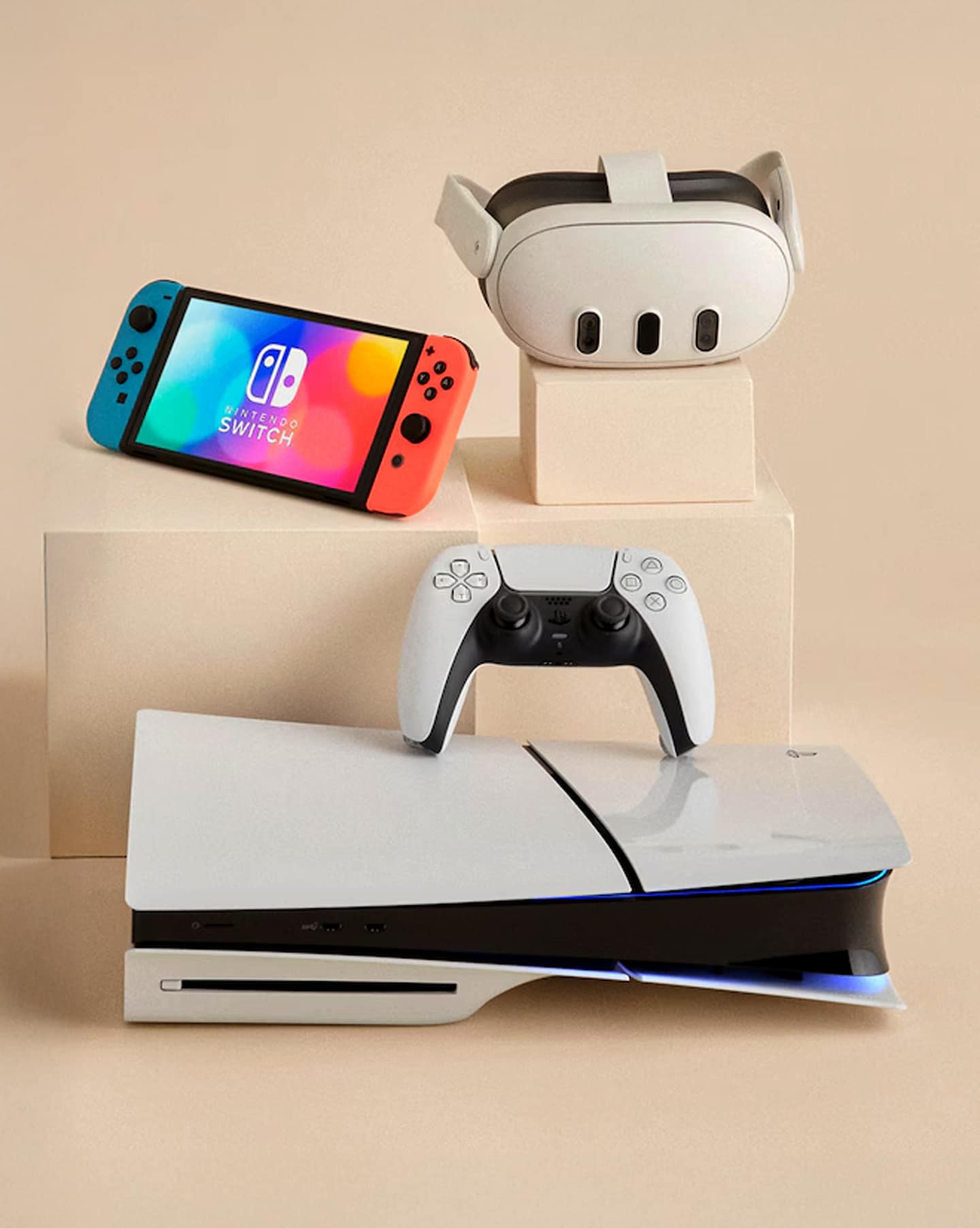 The latest tech devices stacked on boxes