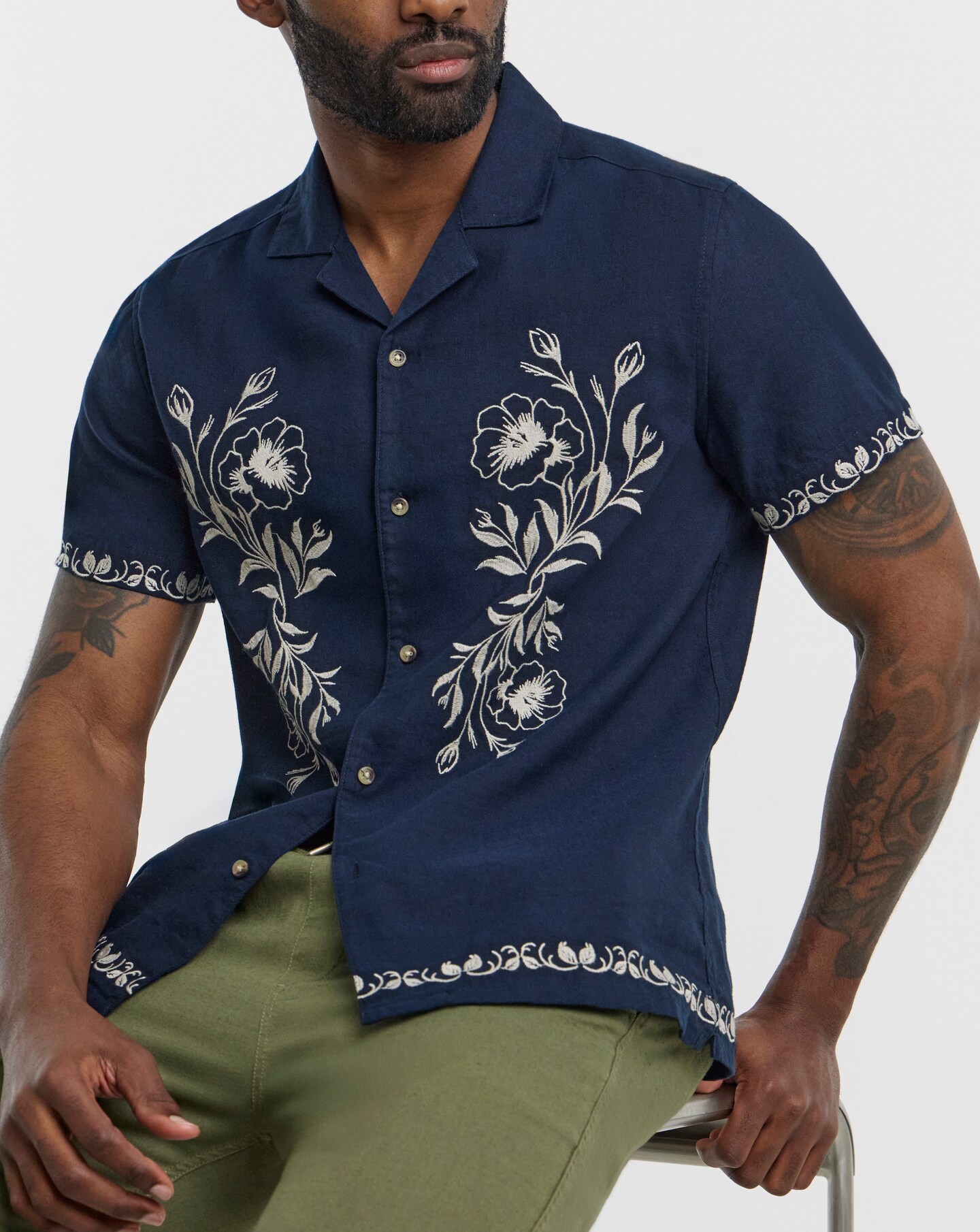 Navy Embroidered Short Sleeve Shirt | Jacamo