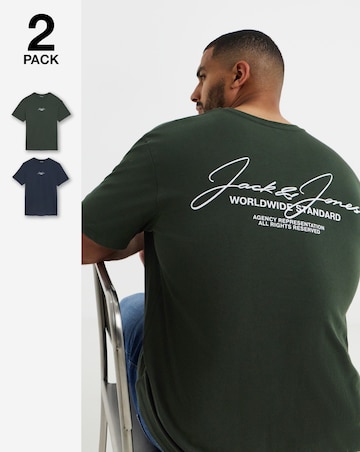 Jack & Jones Cover Script Logo 2-Pack T-Shirts - Green/Navy