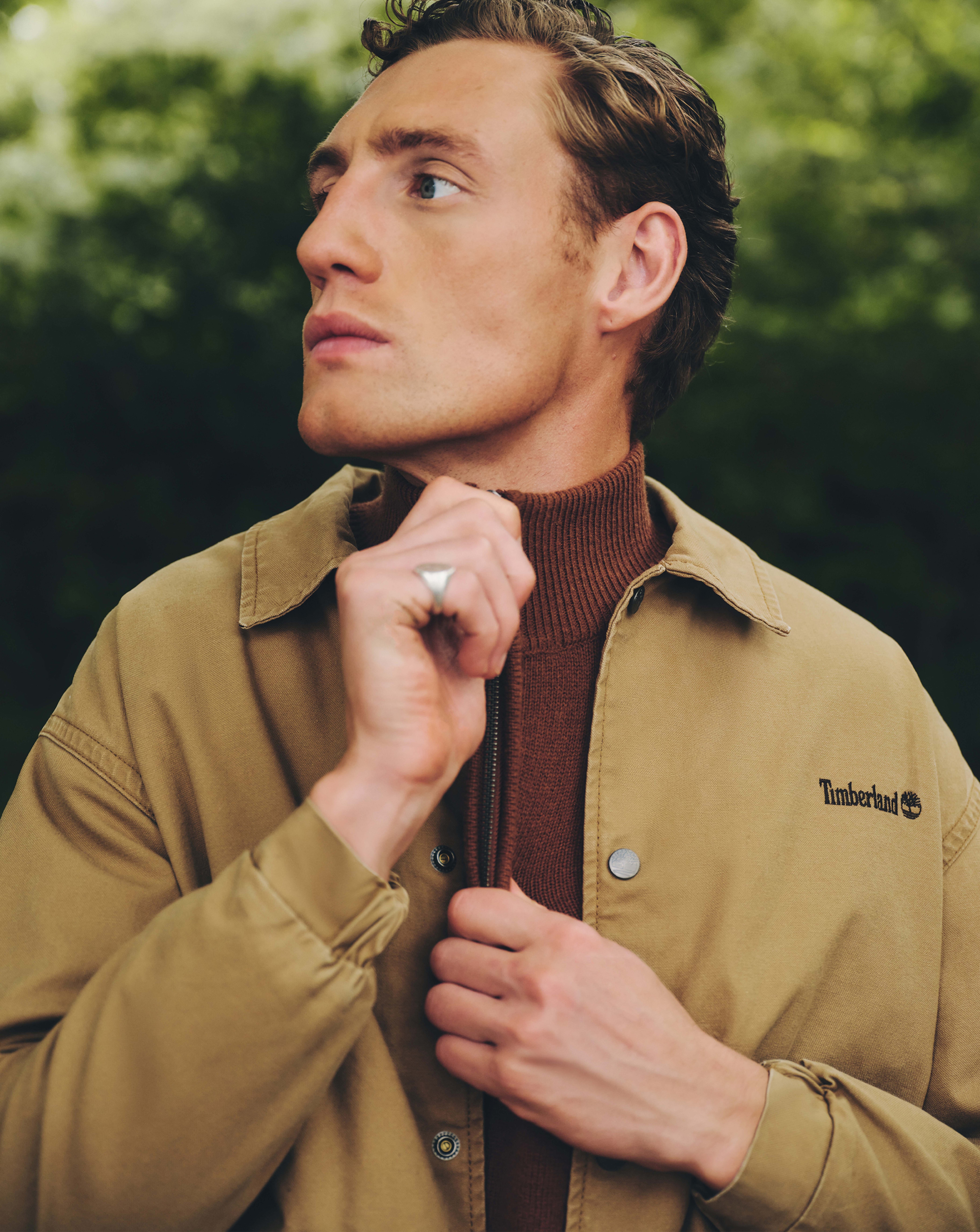 Model wears Timberland Coach Jacket - Beige