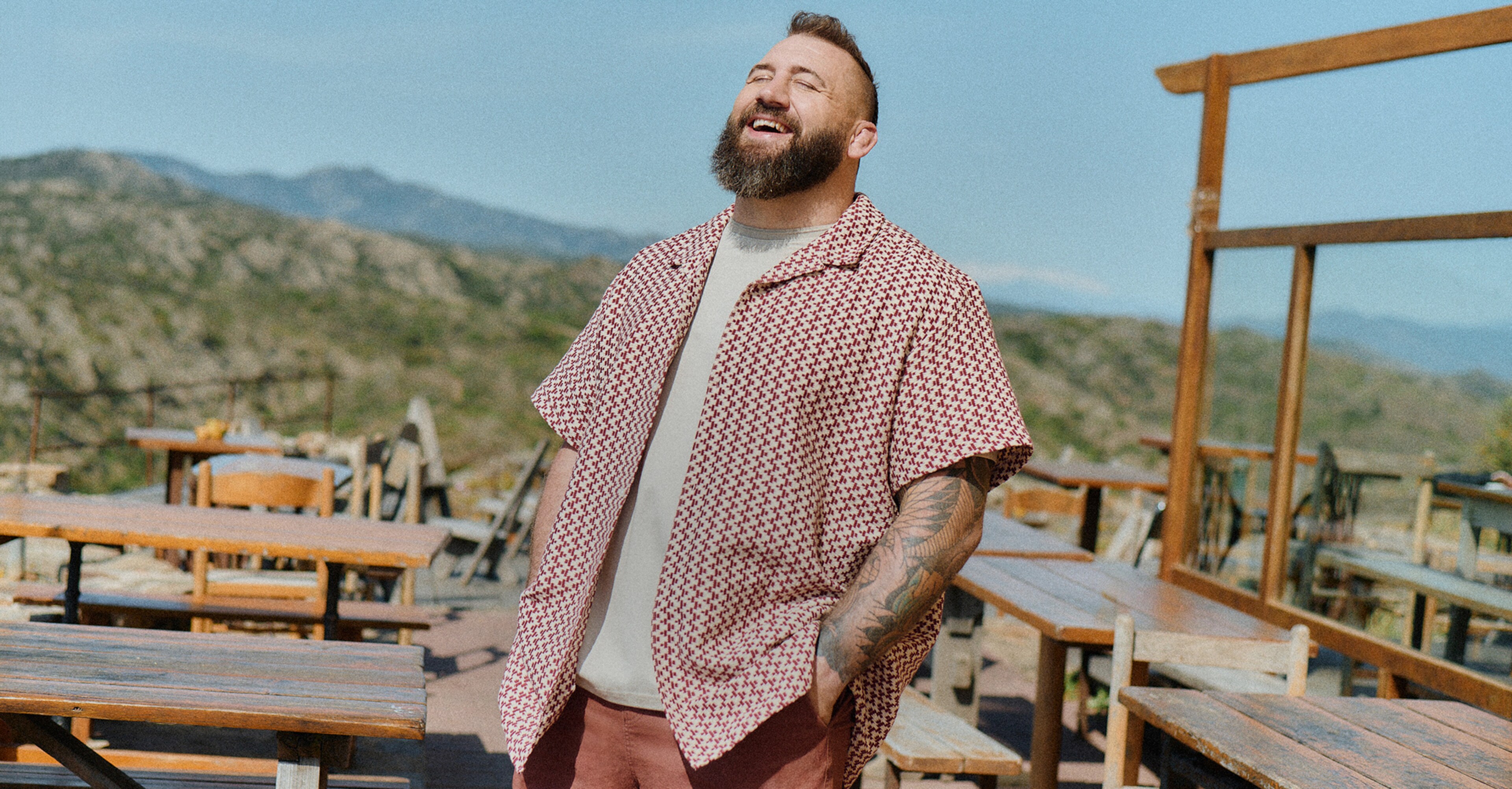 Joe Marler wears Jack & Jones Montauk Crochet Shirt - Red 