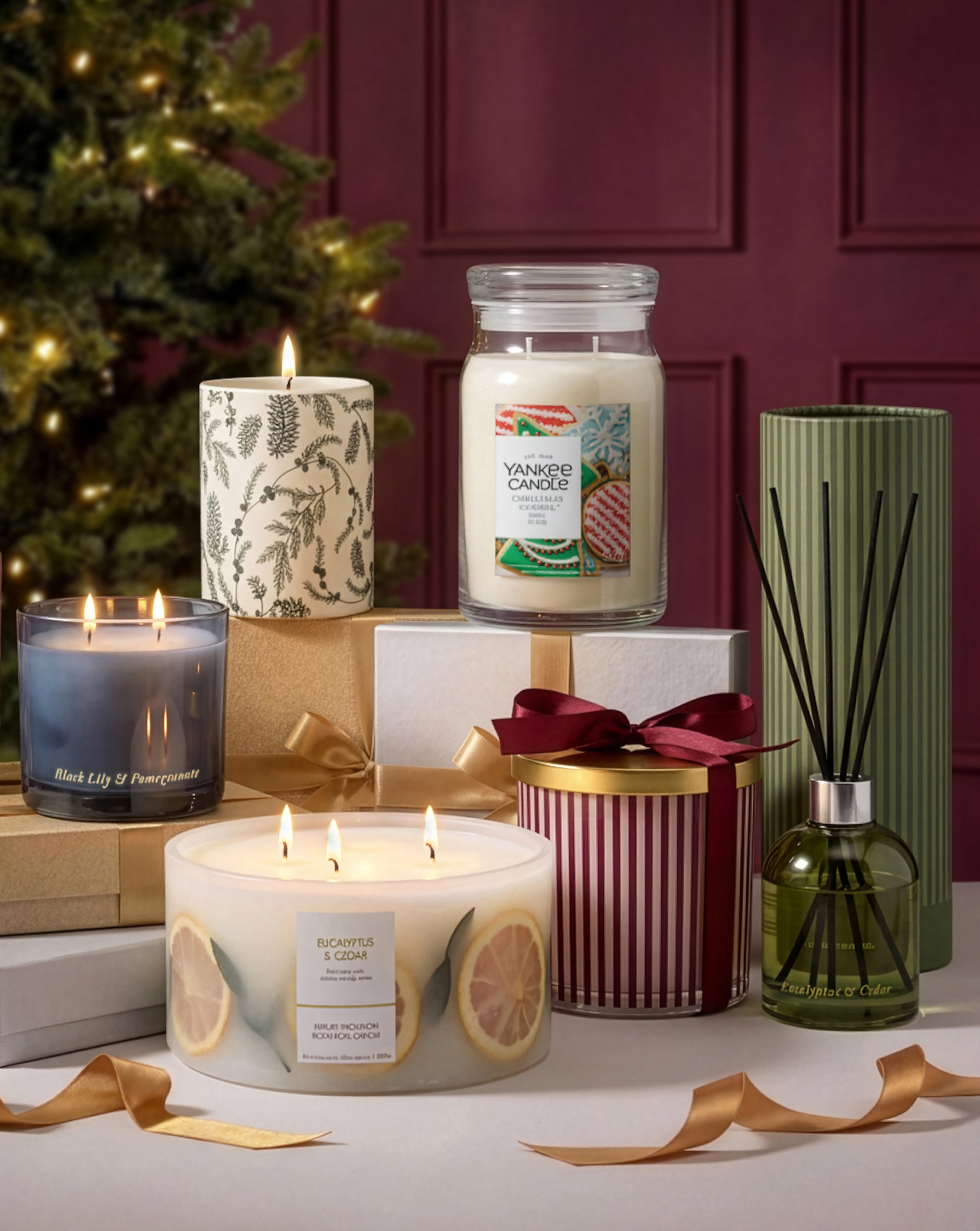 Gifts for For. Candles and diffusers are pictured including Winter Morning Eucalyptus & Cedar Inclusion Candle