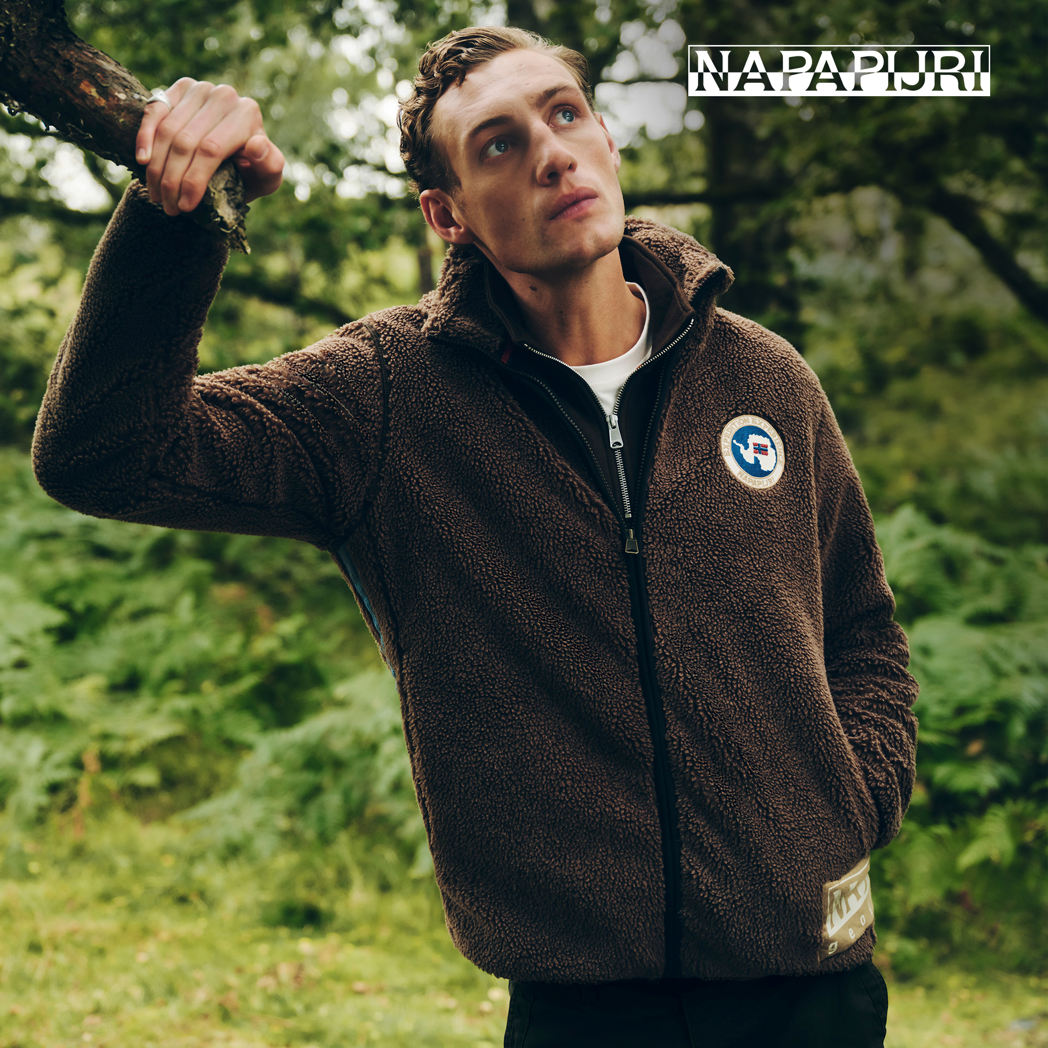 Model is wearing a brown Napapijri Archive Full Zip Fleece.