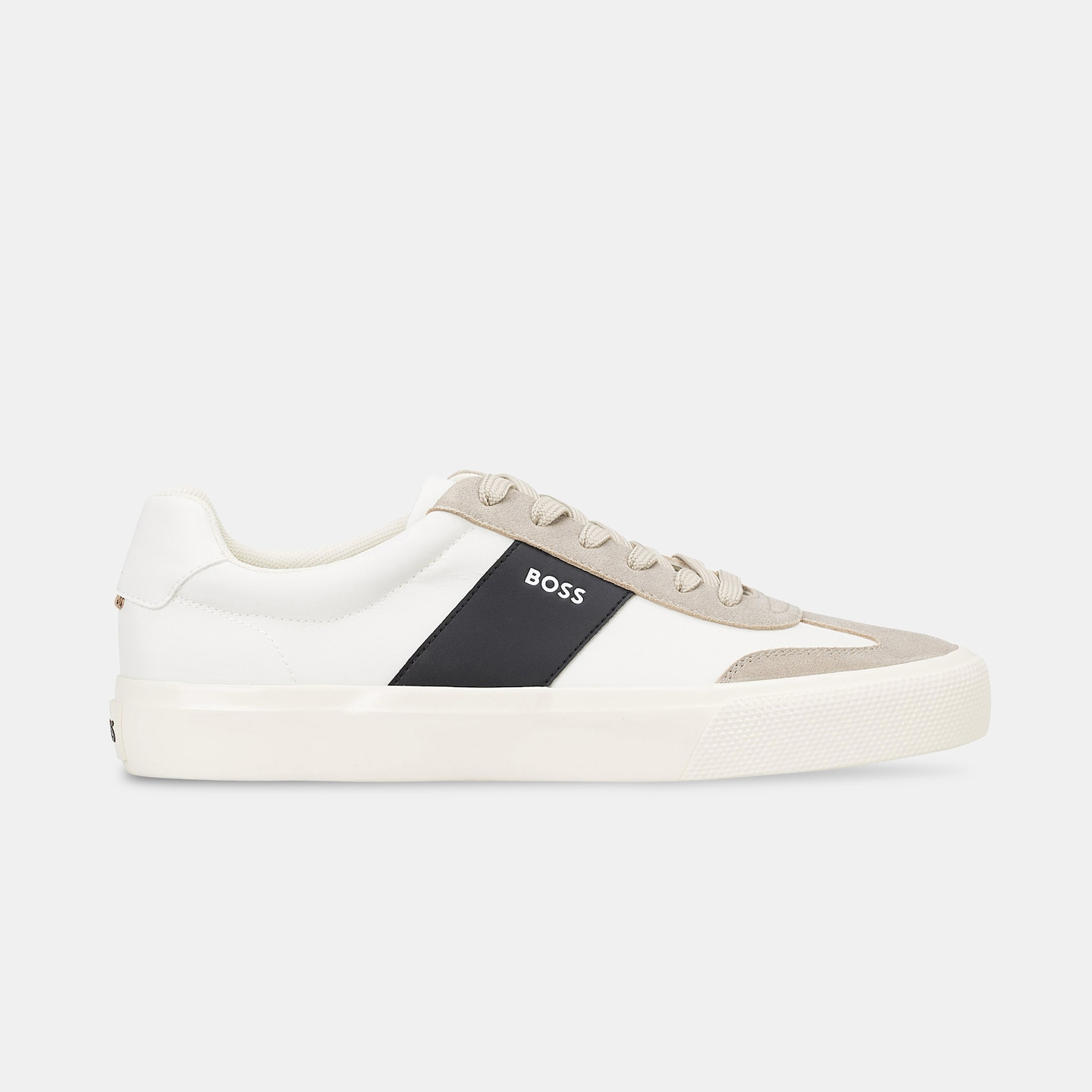 Light beige BOSS Aiden stripe trainers.
