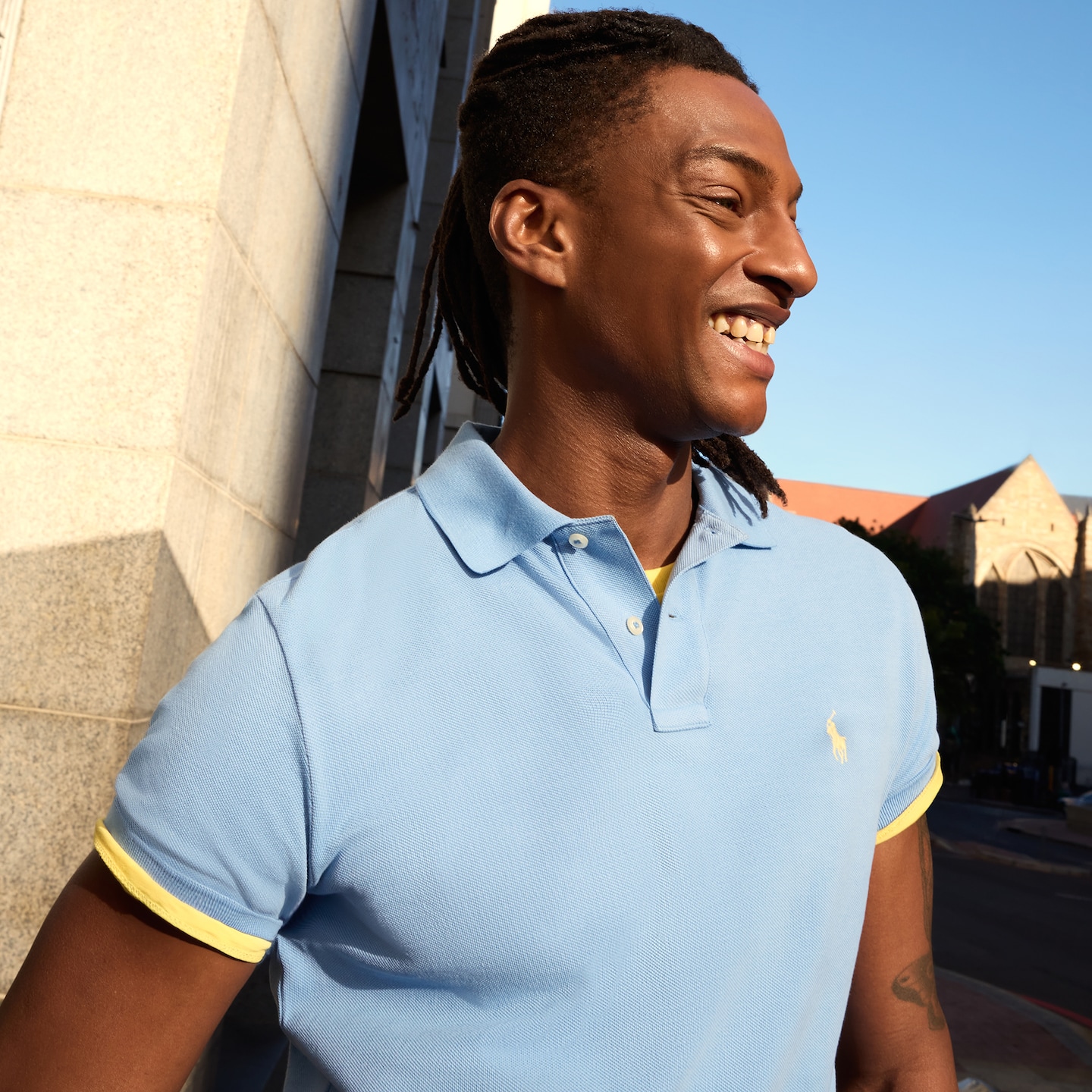 Model wears Polo Ralph Lauren Classic Short Sleeve Polo - Blue