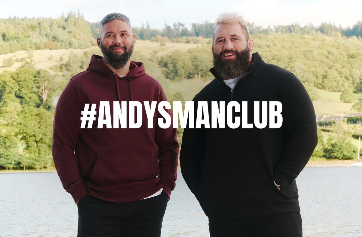 #andysmanclub. Joe Marler and Tony Bellew are pictured wearing Jacamo hoodie/sweater.