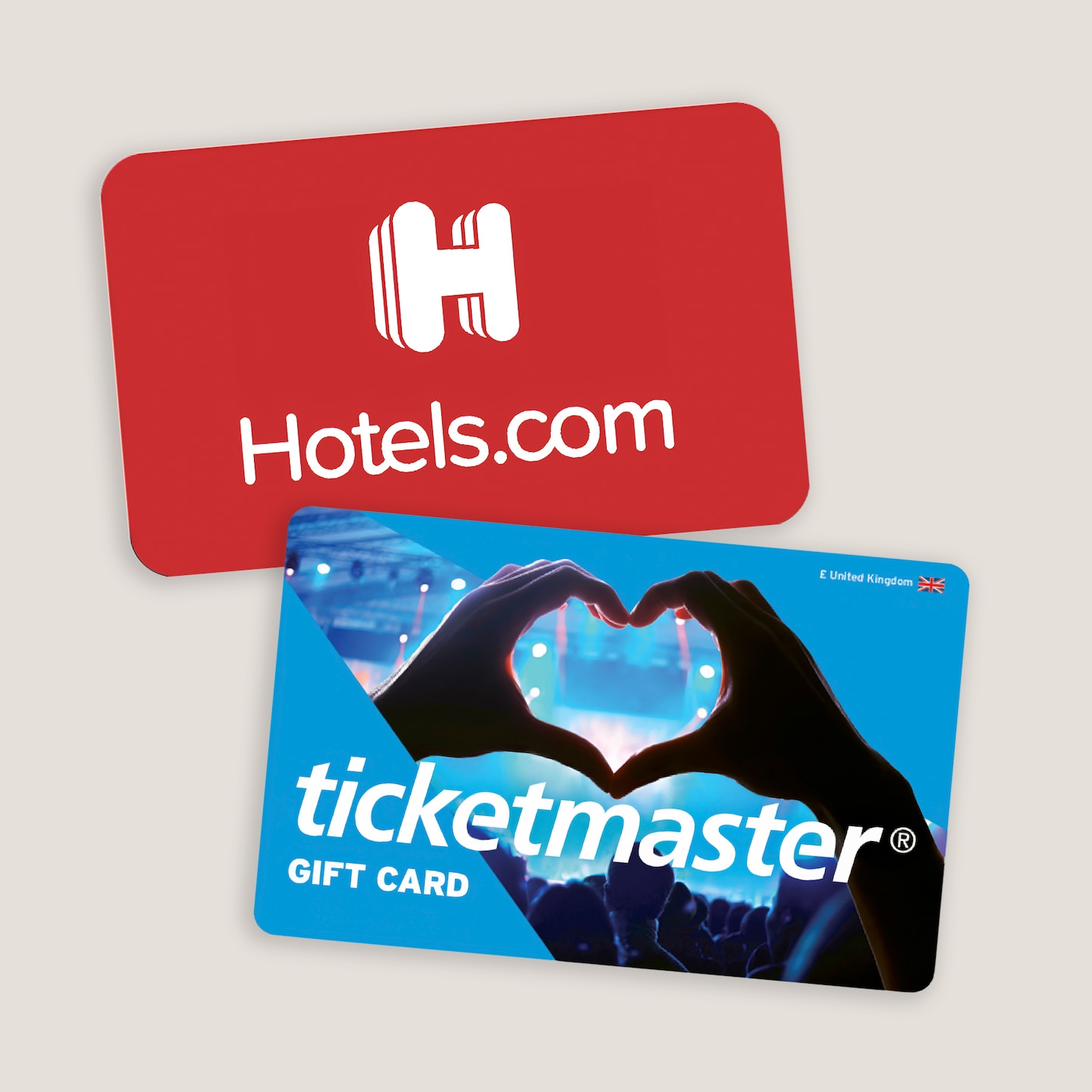 E-gift Cards including Hotel.com and Ticketmaster are pictured.