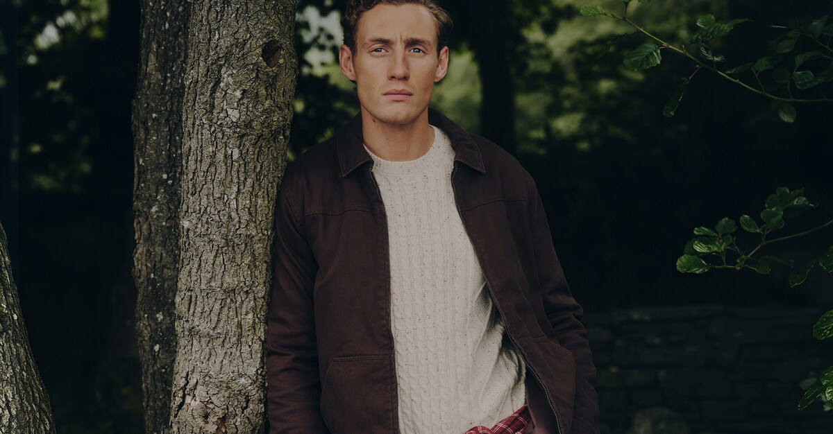 Model wears Washed Worker Jacket with Twist Yarn Detail Cable Knit Jumper