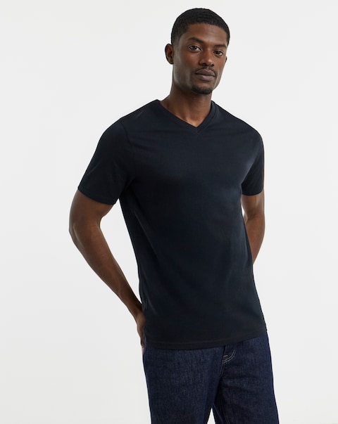 V-Neck Cotton T-Shirt - Black, Long Length