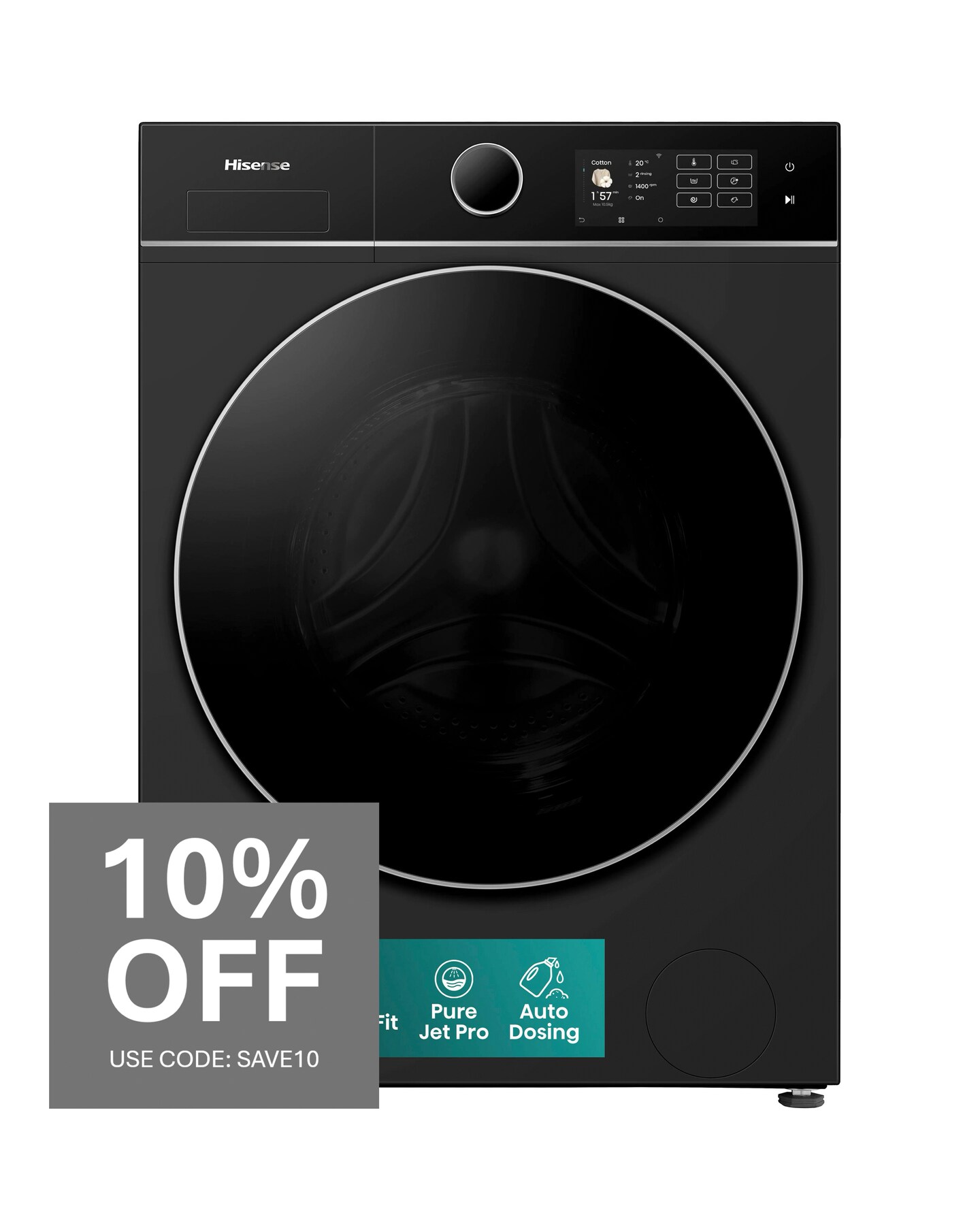 Hisense KitchenFit 5i Series WF5I1045BBQ 10.5kg Washing Machine - Black