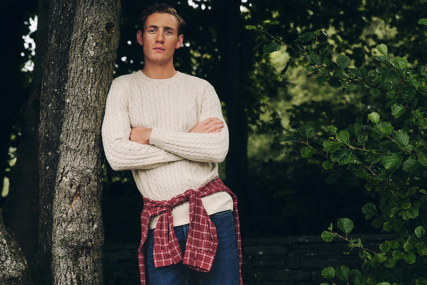 Model wears Twist Yarn Detail Cable Knit Jumper with Long Sleeve Check Flannel Shirt