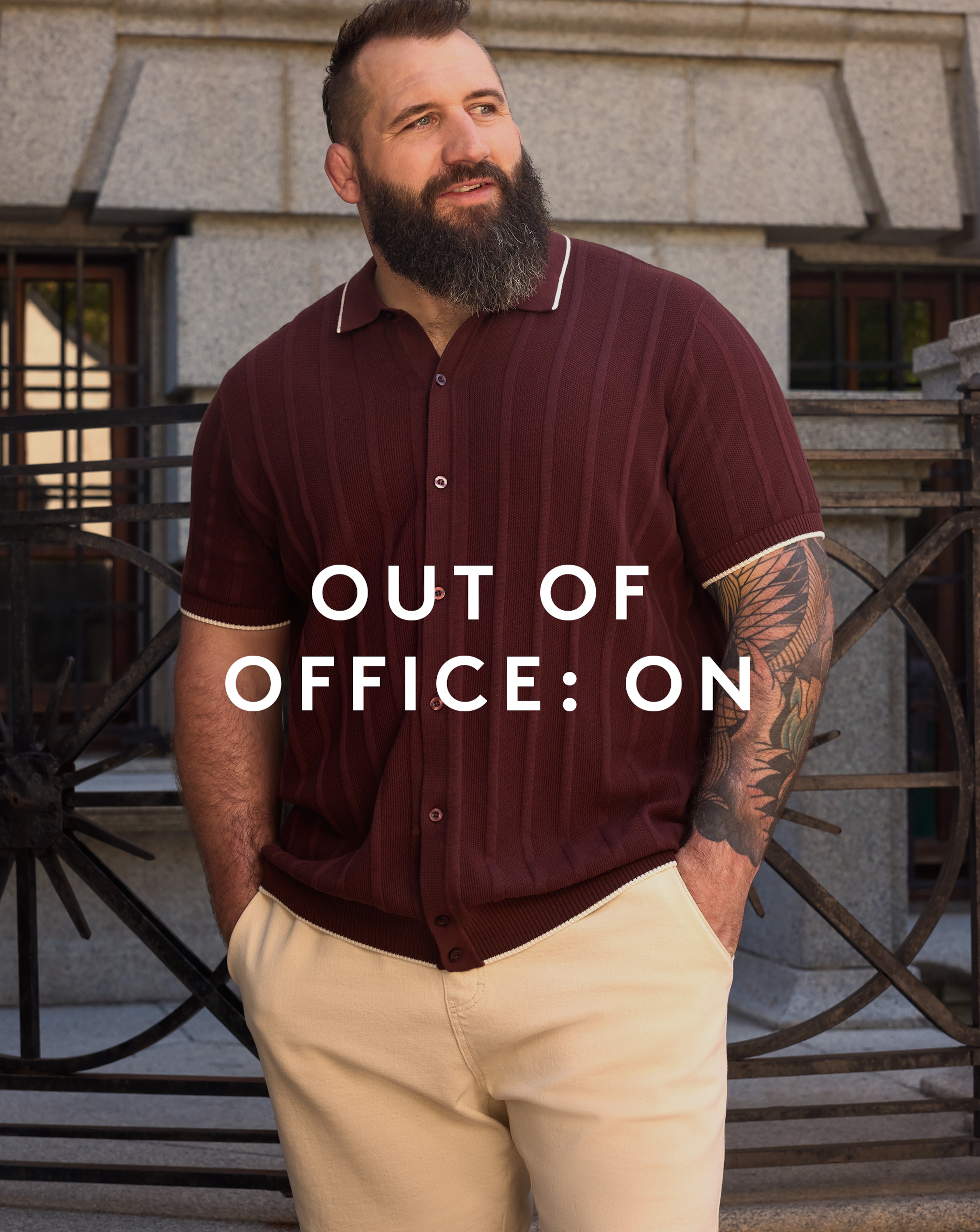 Joe Marler is wearing a burgandy button through texture knitted polo with cream shorts.