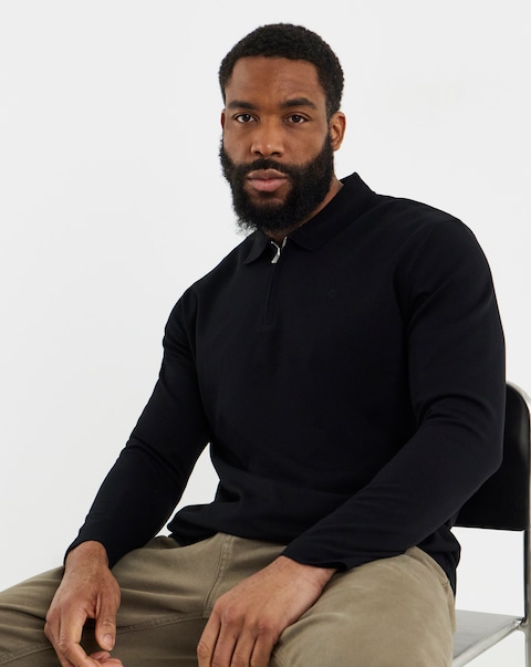 Jack & Jones Premium Ethan Long Sleeve Zip Polo Shirt - Black