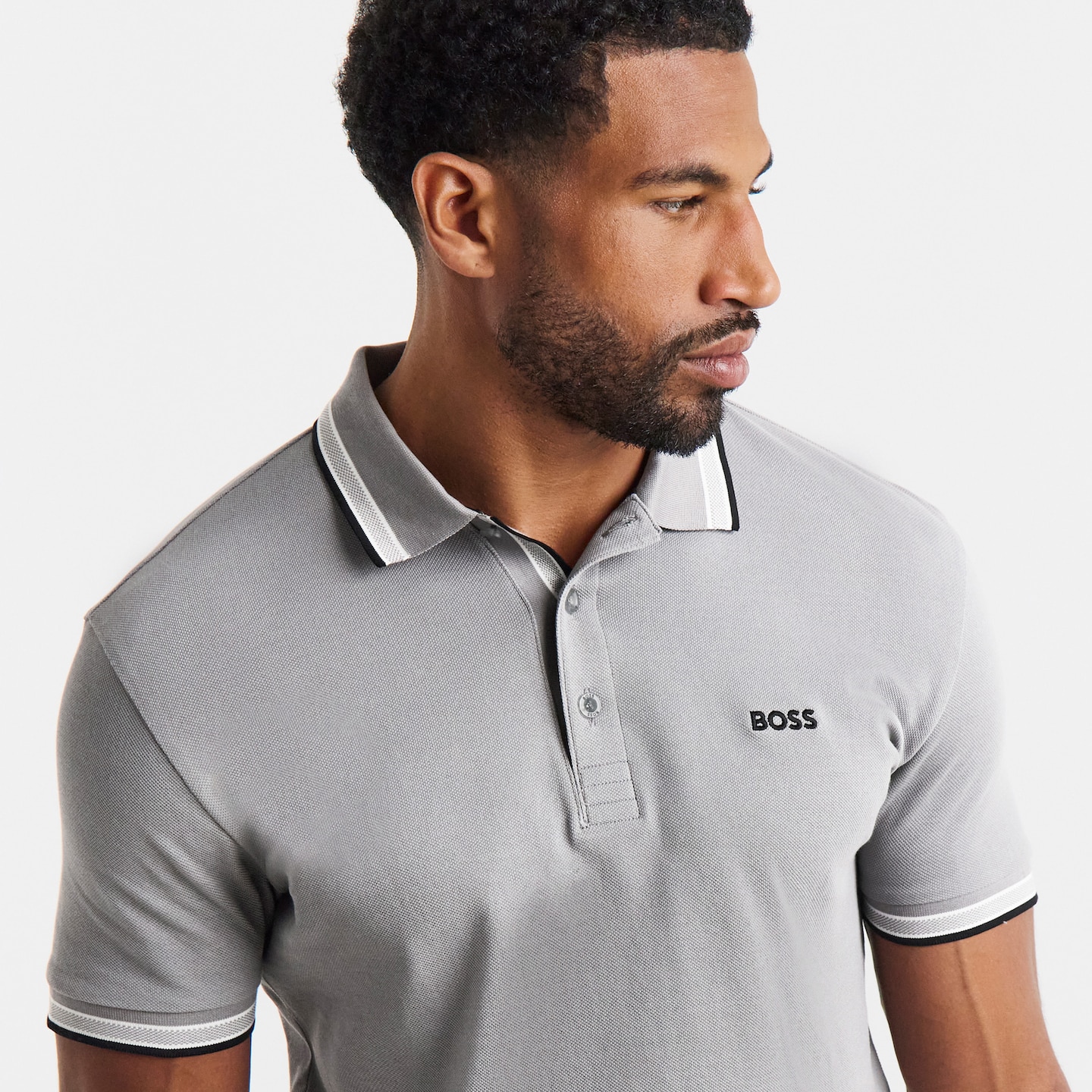 Model is wearing a grey BOSS short sleeve classic polo.