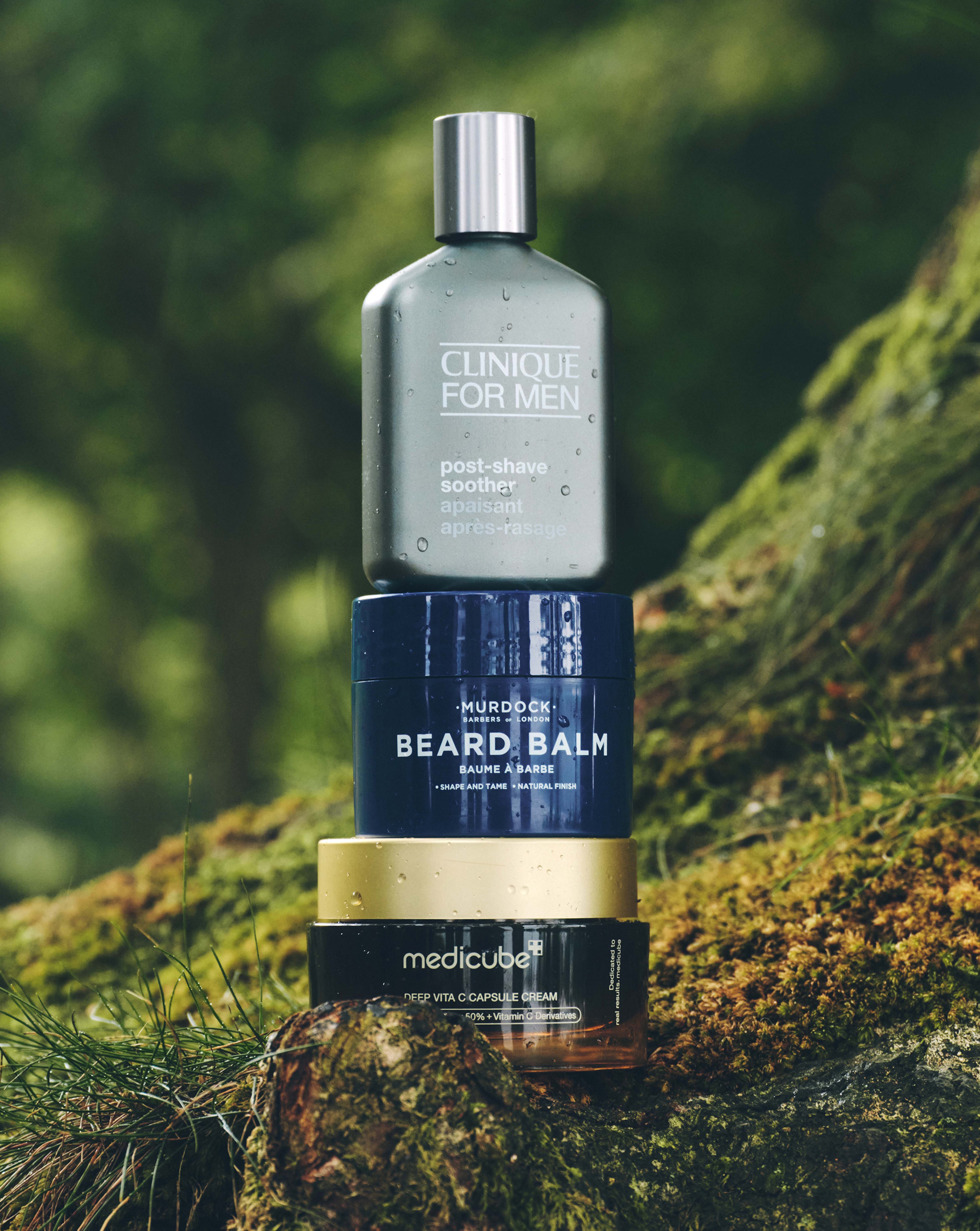 Grooming products are pictured including Clinique for Men post-shave soother and Murdock Beard Balm