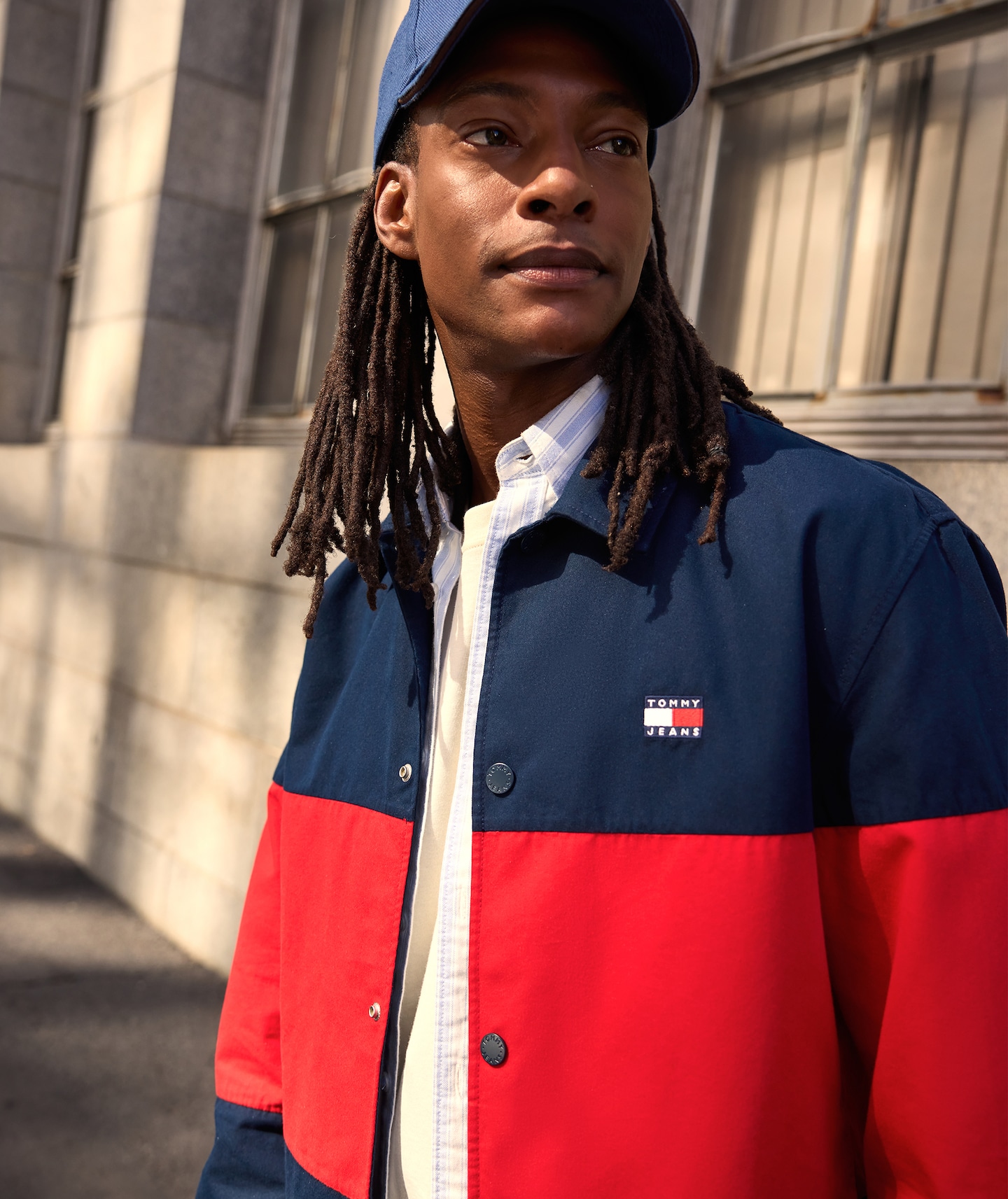 Model wears Tommy Jeans Colorblock Overshirt - Navy with Tommy Shirt