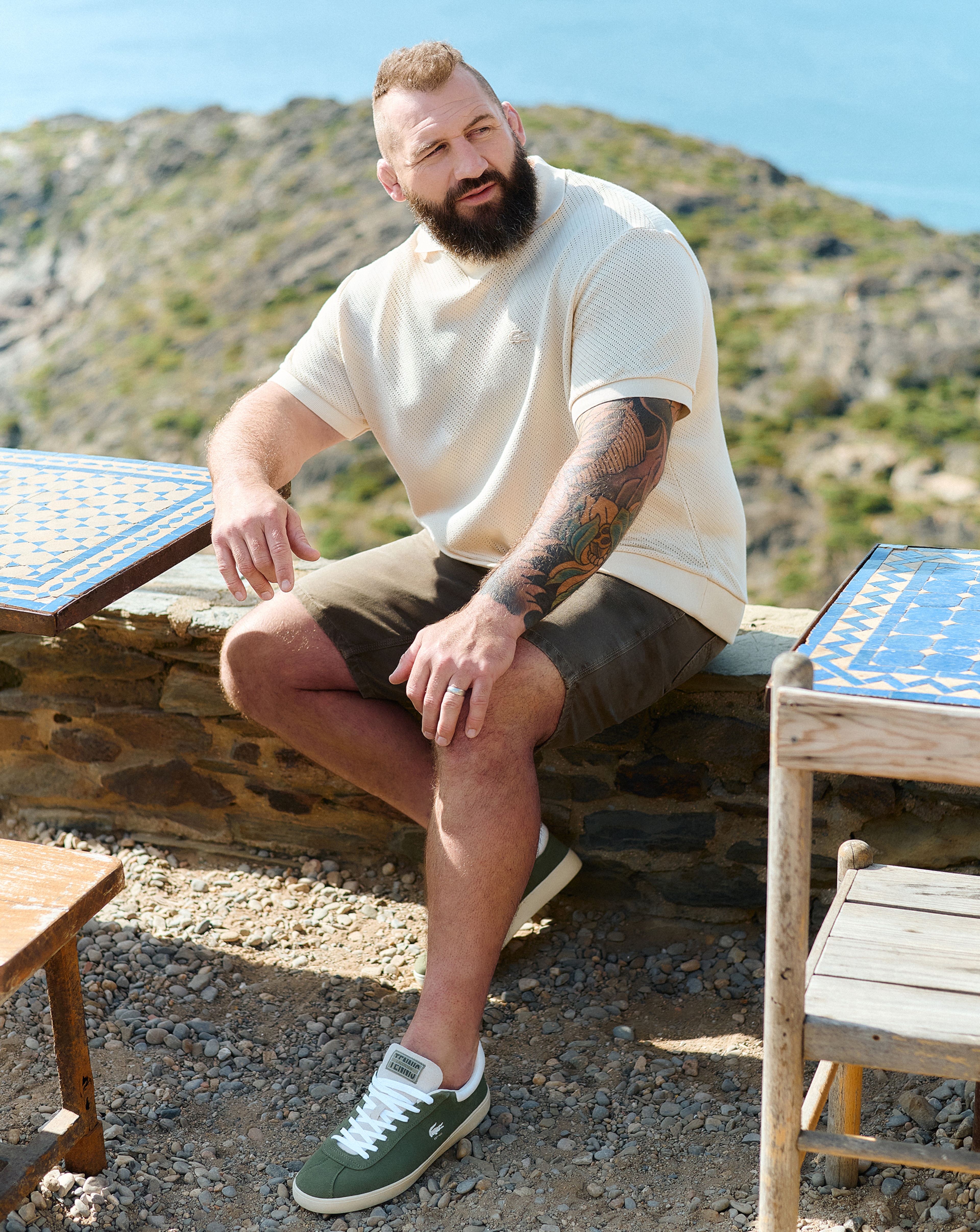 Joe Marler wears Lacoste Short Sleeve Open Neck Textured Polo - Natural and Linen Blend Elasticated Drawcord Short