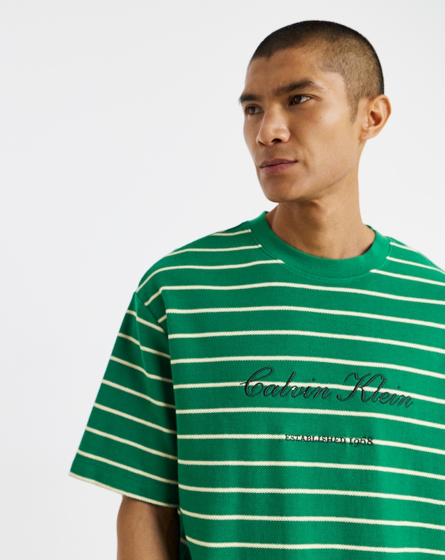 Calvin Klein Short Sleeve Script Stripe Pique T-Shirt - Forest Green