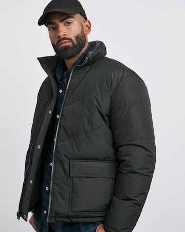 Black Funnel Neck Reversible Puffer Coat