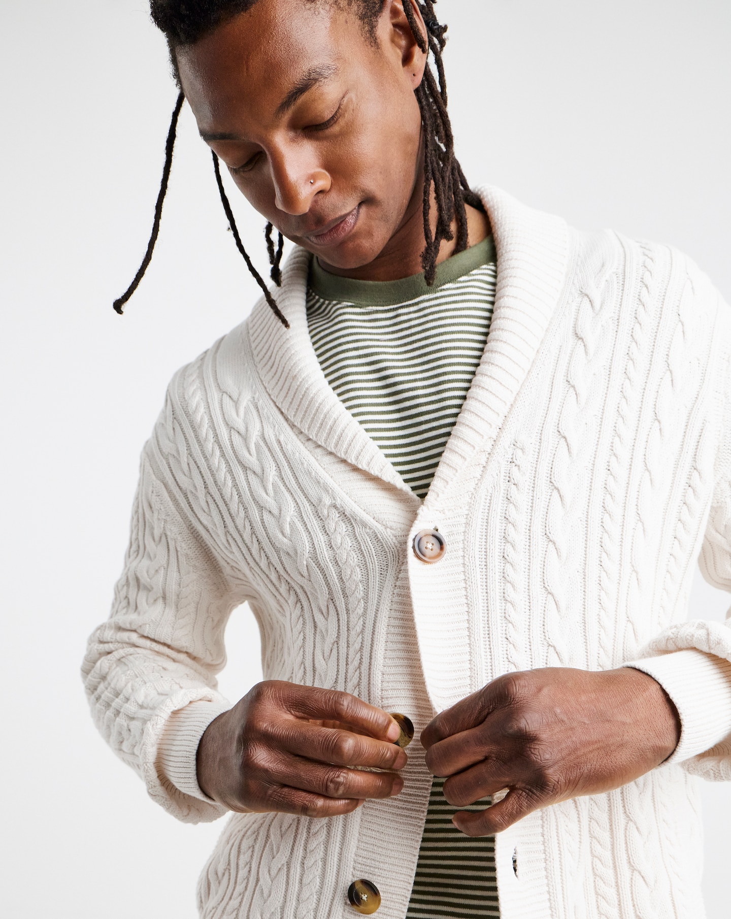 Ecru Cable Knit Shawl Neck Cardigan | Jacamo