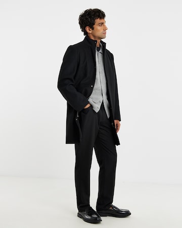 Black Wool Blend Mid Length Funnel Neck Coat