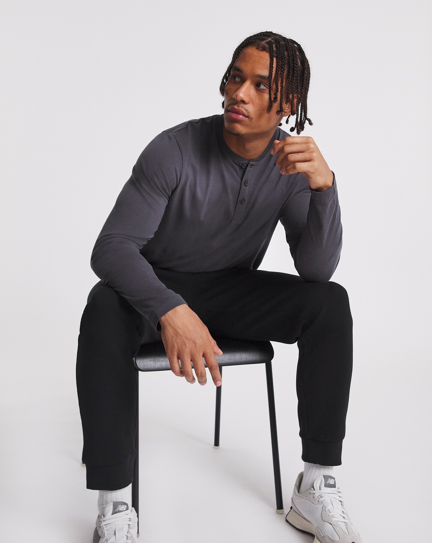 Long Sleeve Grandad T-Shirt Long Length- Charcoal