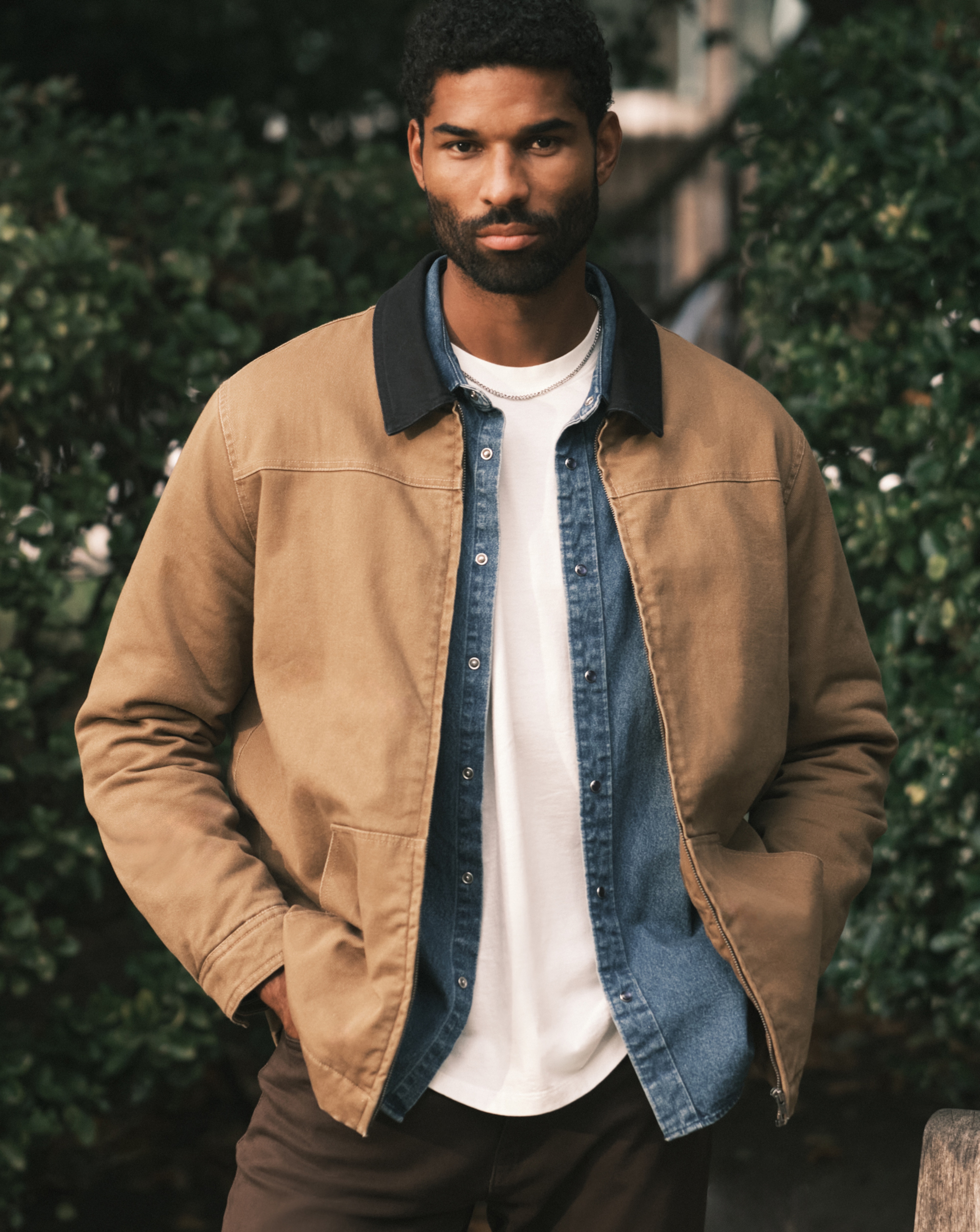 Model wears Union Washed Worker Jacket with Union Western Denim Shirt Regular