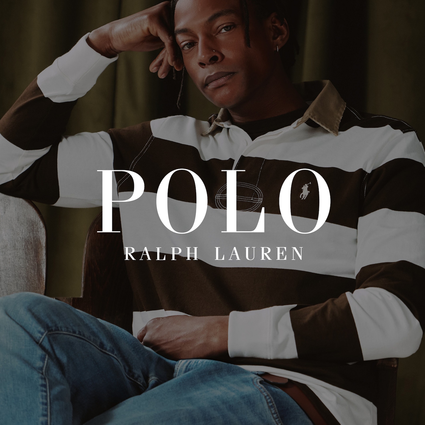 Polo Ralph Lauren. Model wears Polo Ralph Lauren Long Sleeve Stripe Rugby - Brown/Cream