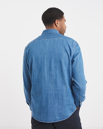 BOSS Long Sleeve Logo Denim Shirt - Mid Wash