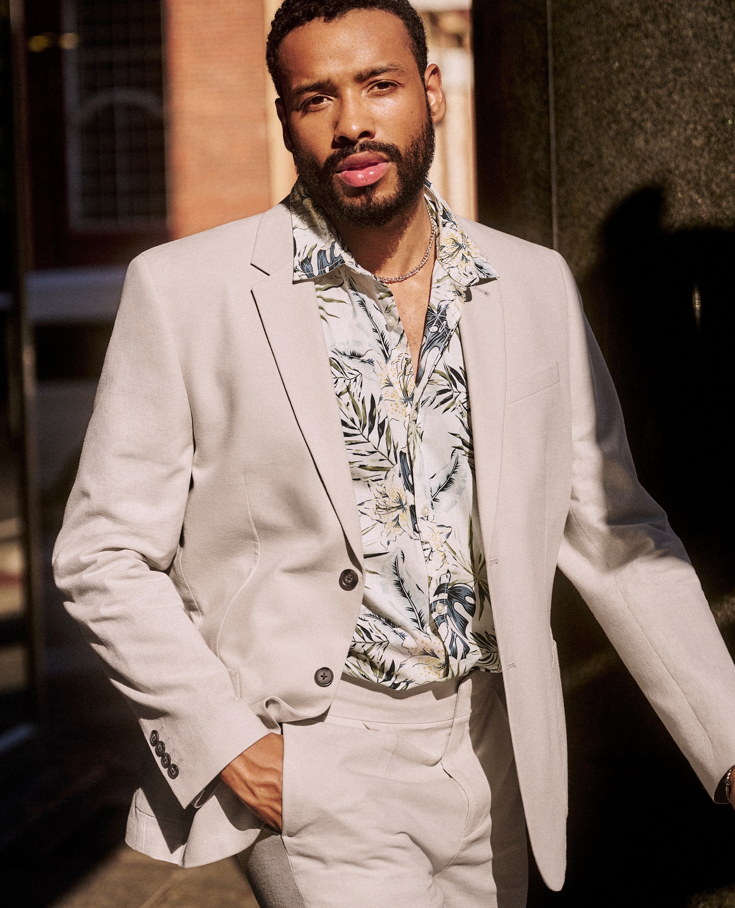 Model wears Cream Jacket with Jack & Jones Hawaii Print Shirt - White/Blue