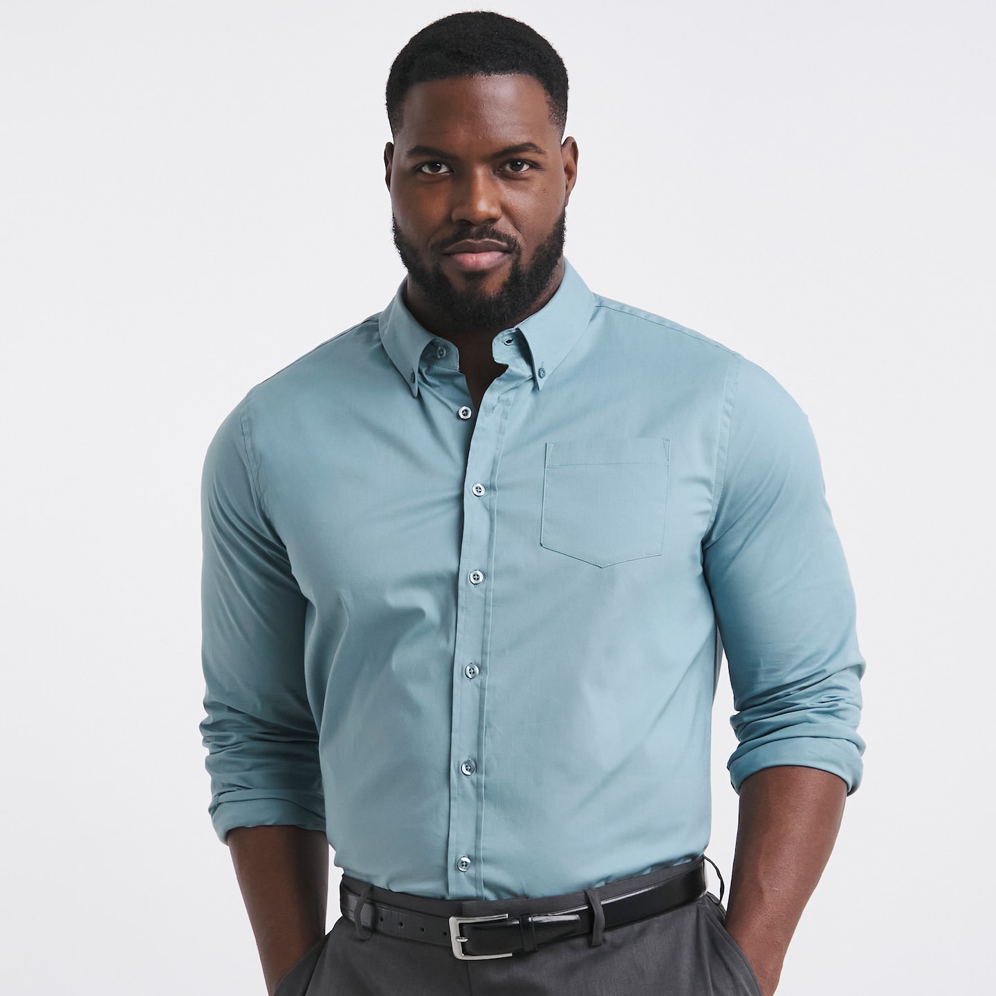 Model wearing blue shirts